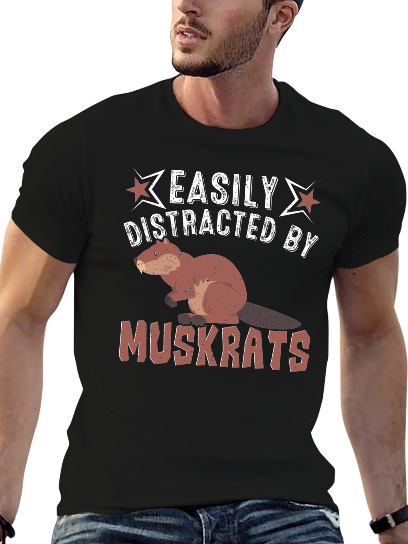 Black Easily Distracted by Muskrats Funny T-Shirt view 6