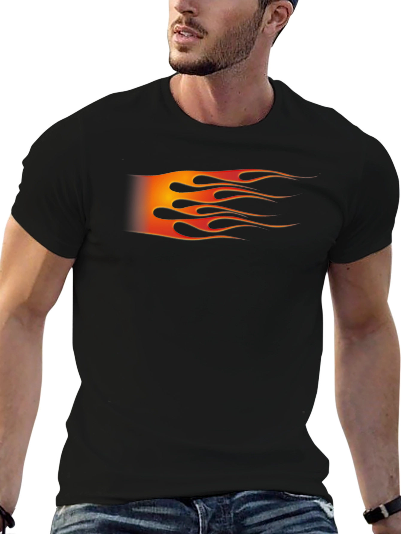 Black Men's Black T-Shirt with Flame Graphic view 6
