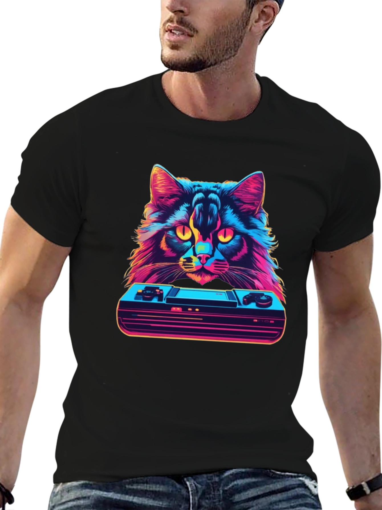 Black Retro Cat Gamer T-Shirt - Vintage Console Design view 6