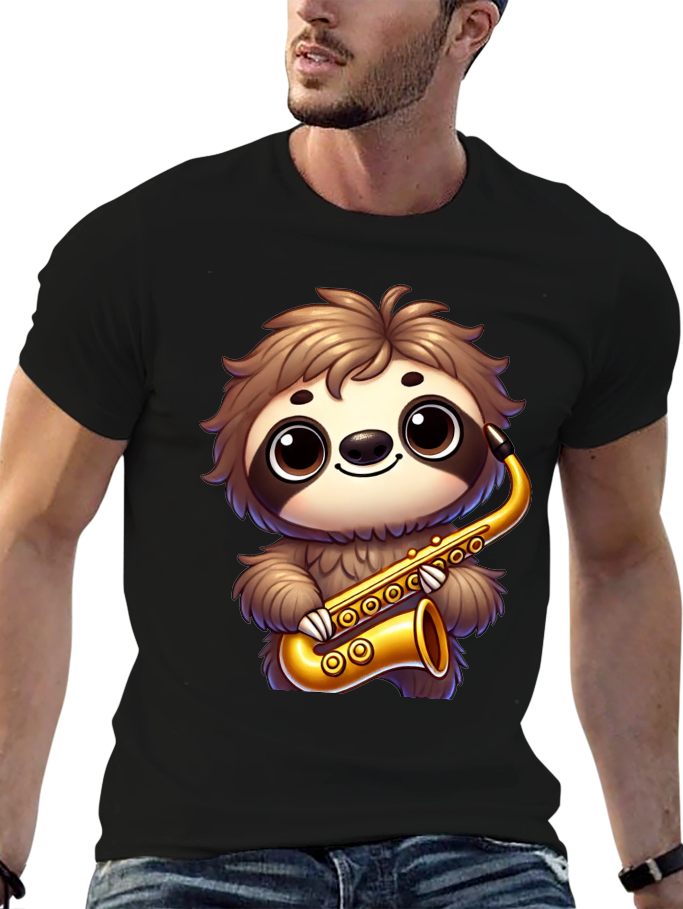 Black Sloth Saxophone T-Shirt - Cartoon Musician Tee view 6