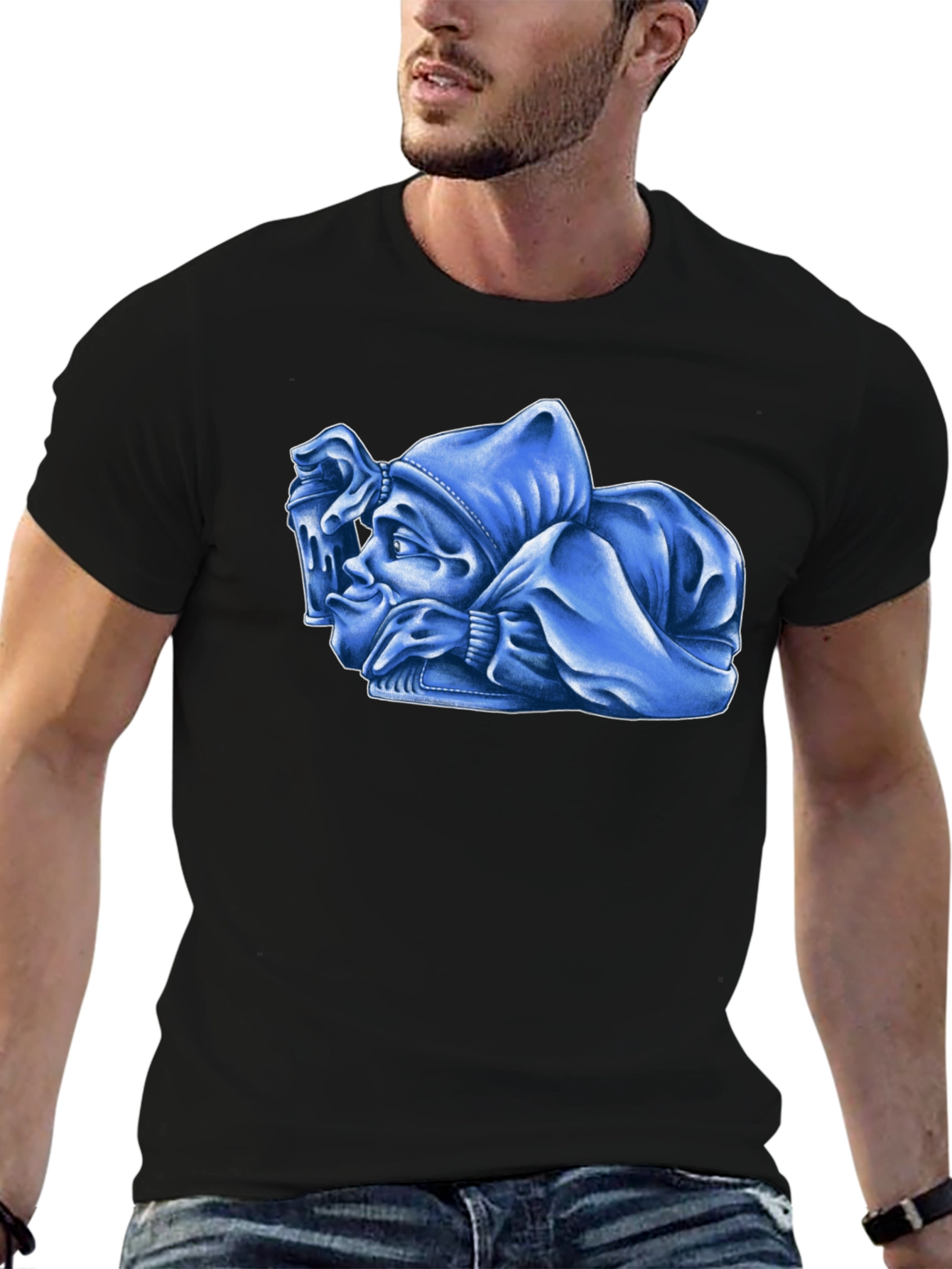 Black Blue Cartoon Character Graphic Black T-Shirt view 6