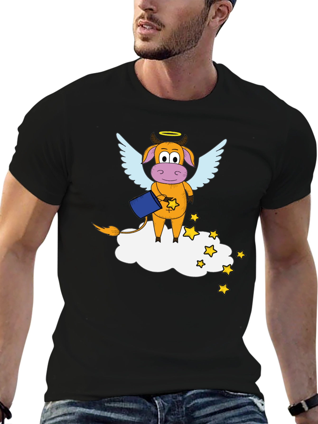 Black Whimsical Cow Angel Graphic Tee - Black Cotton Blend view 6