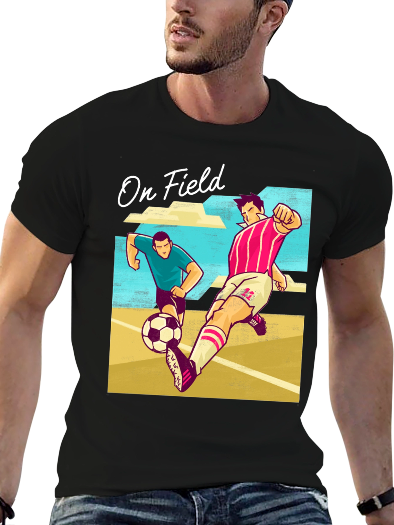Black On Field Graphic T-Shirt | Soccer Players Cartoon Print view 6