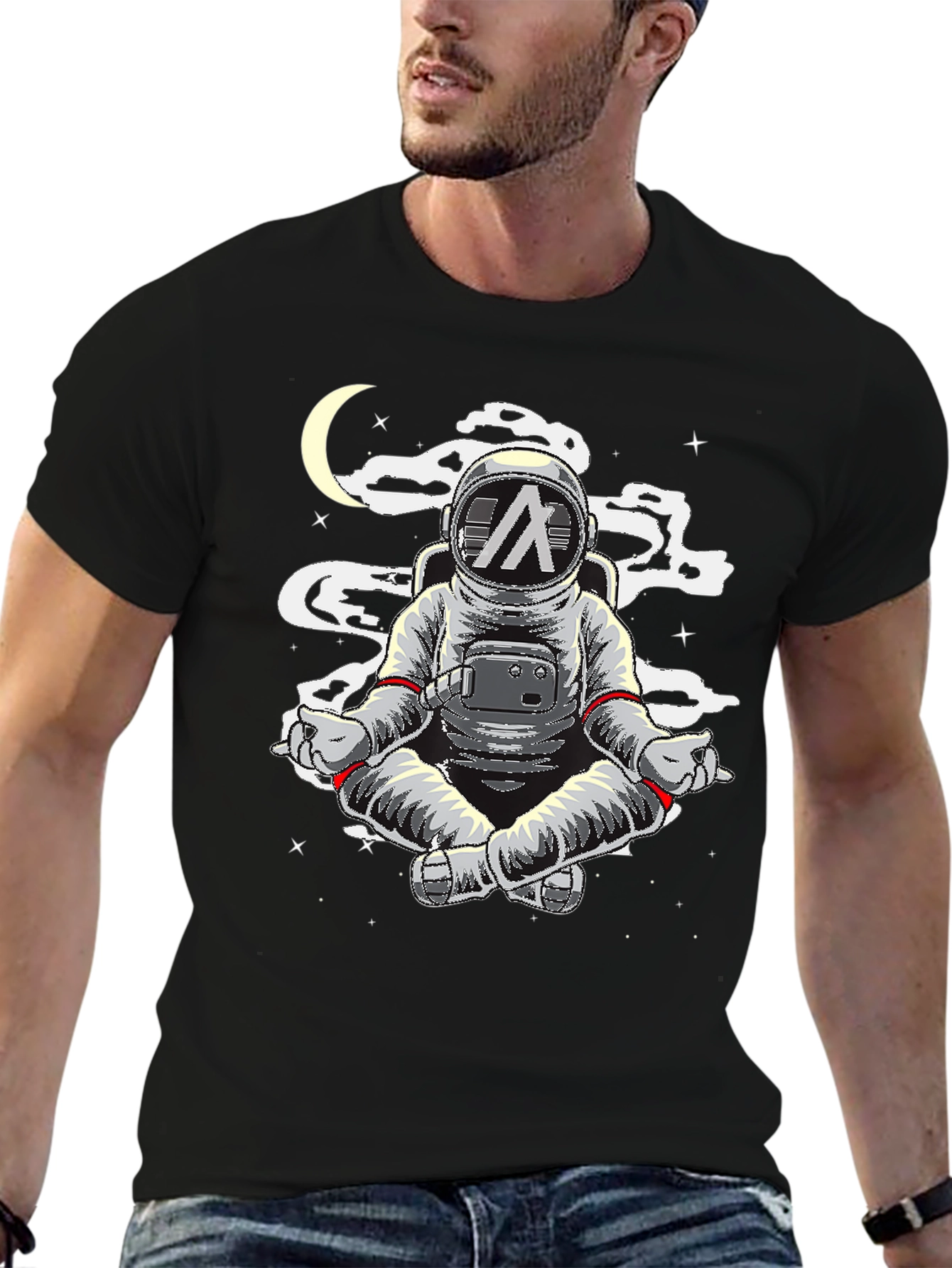 Black Astronaut Meditating T-Shirt - Space Yoga Black Tee view 6