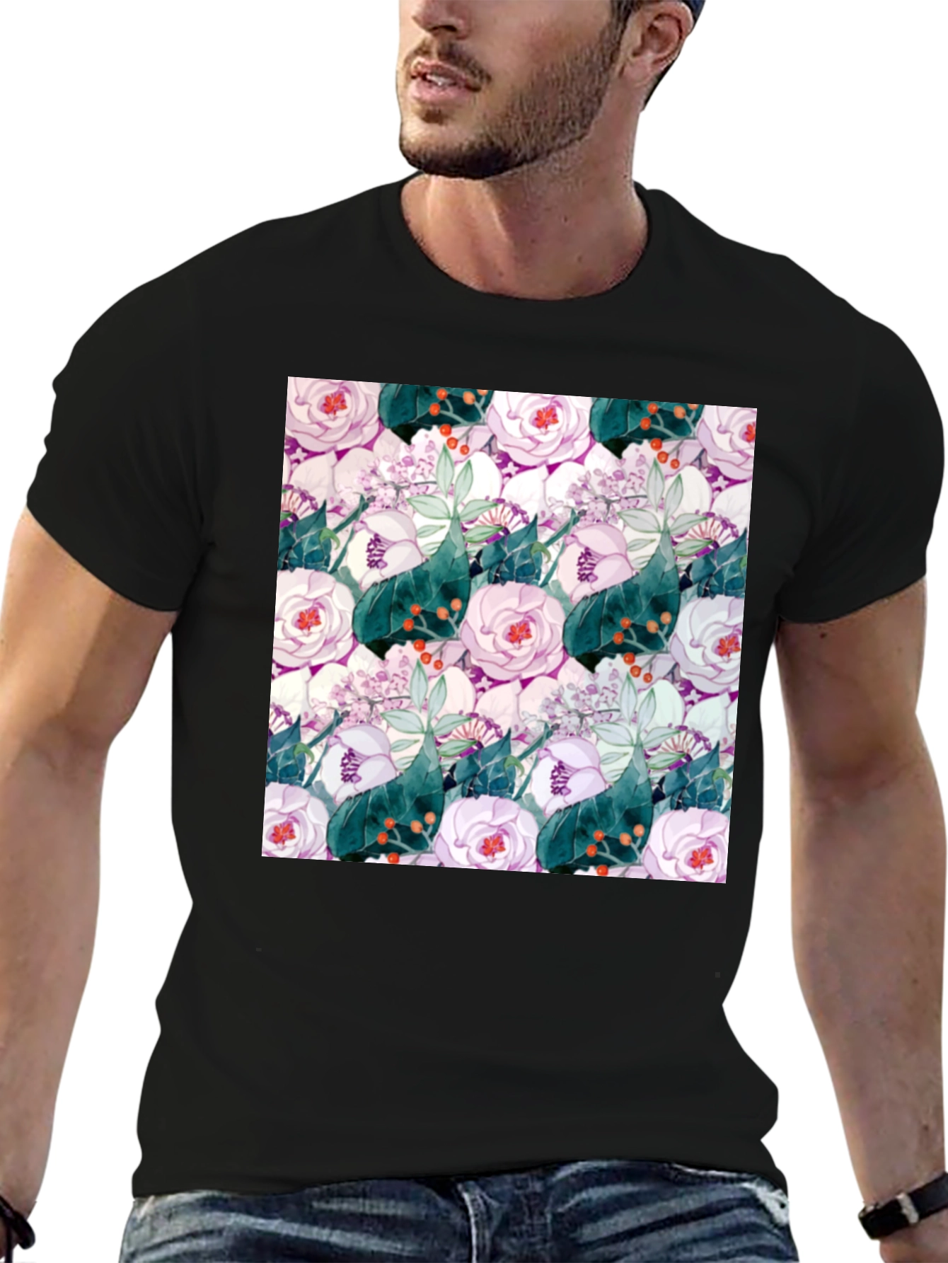 Black Floral Print Black Crew Neck T-Shirt view 6