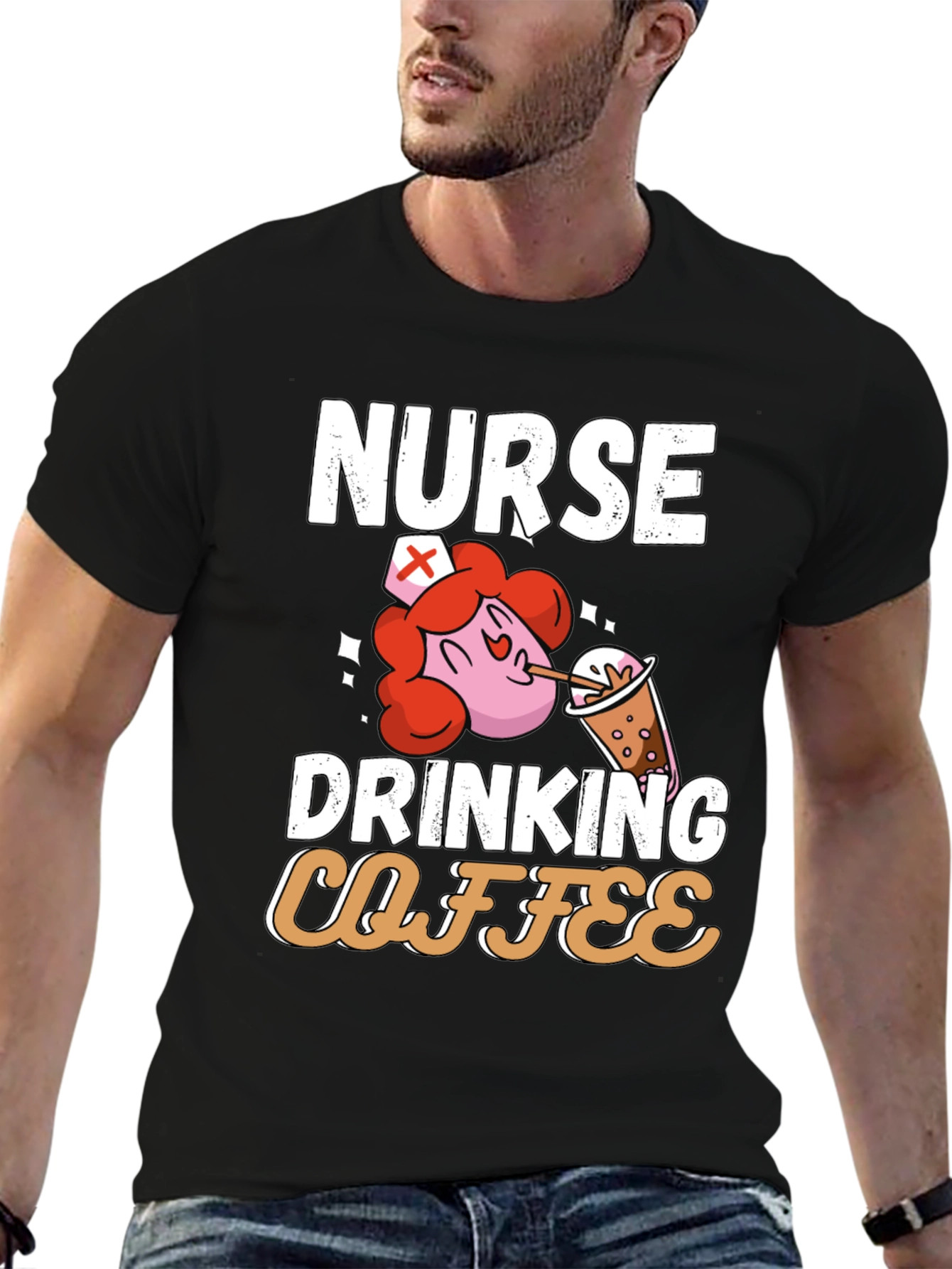 Black Nurse Drinking Coffee Graphic T-Shirt view 6