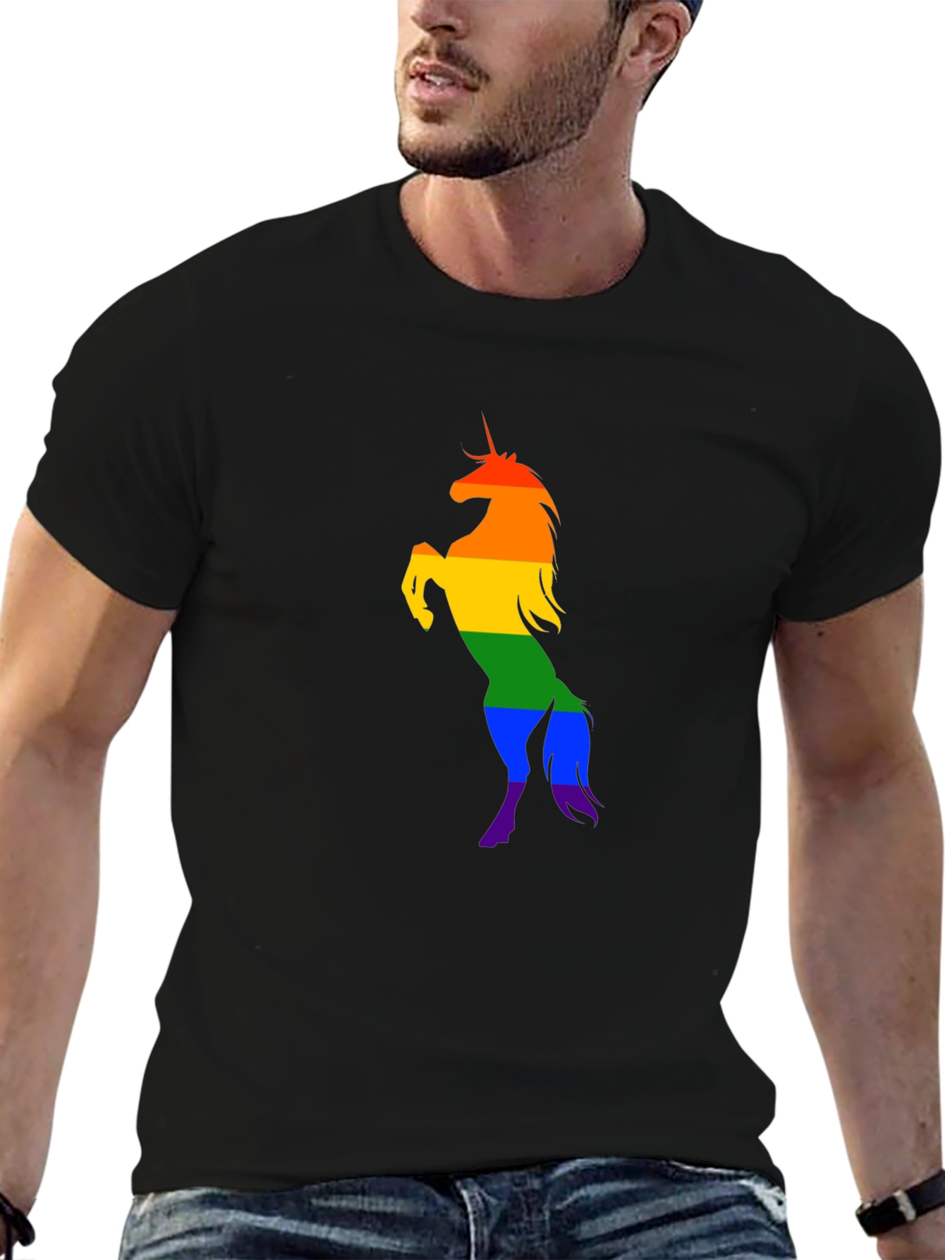Black Rainbow Unicorn Graphic Tee - Black Cotton Shirt view 6