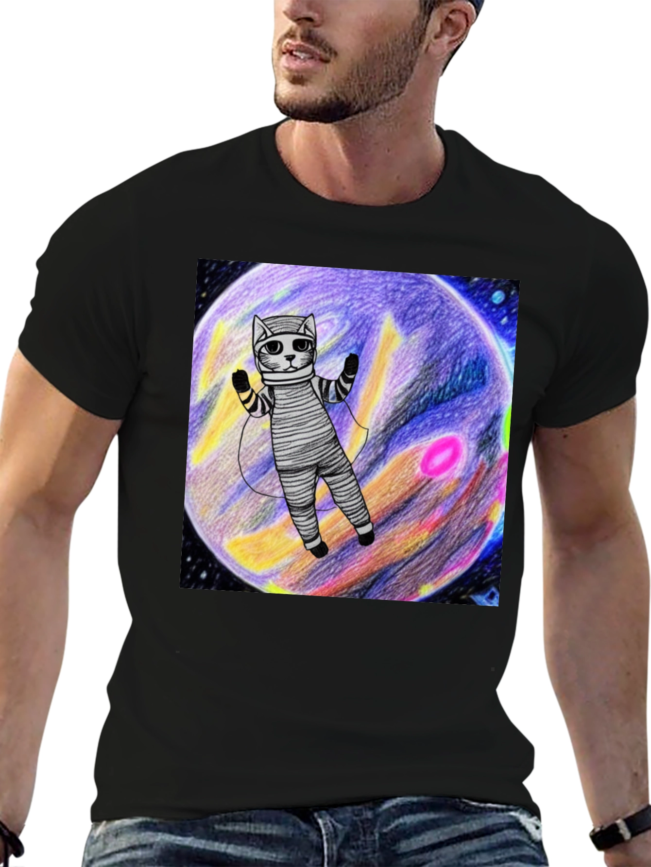 Black Cosmic Cat T-Shirt - Space Explorer Design view 6