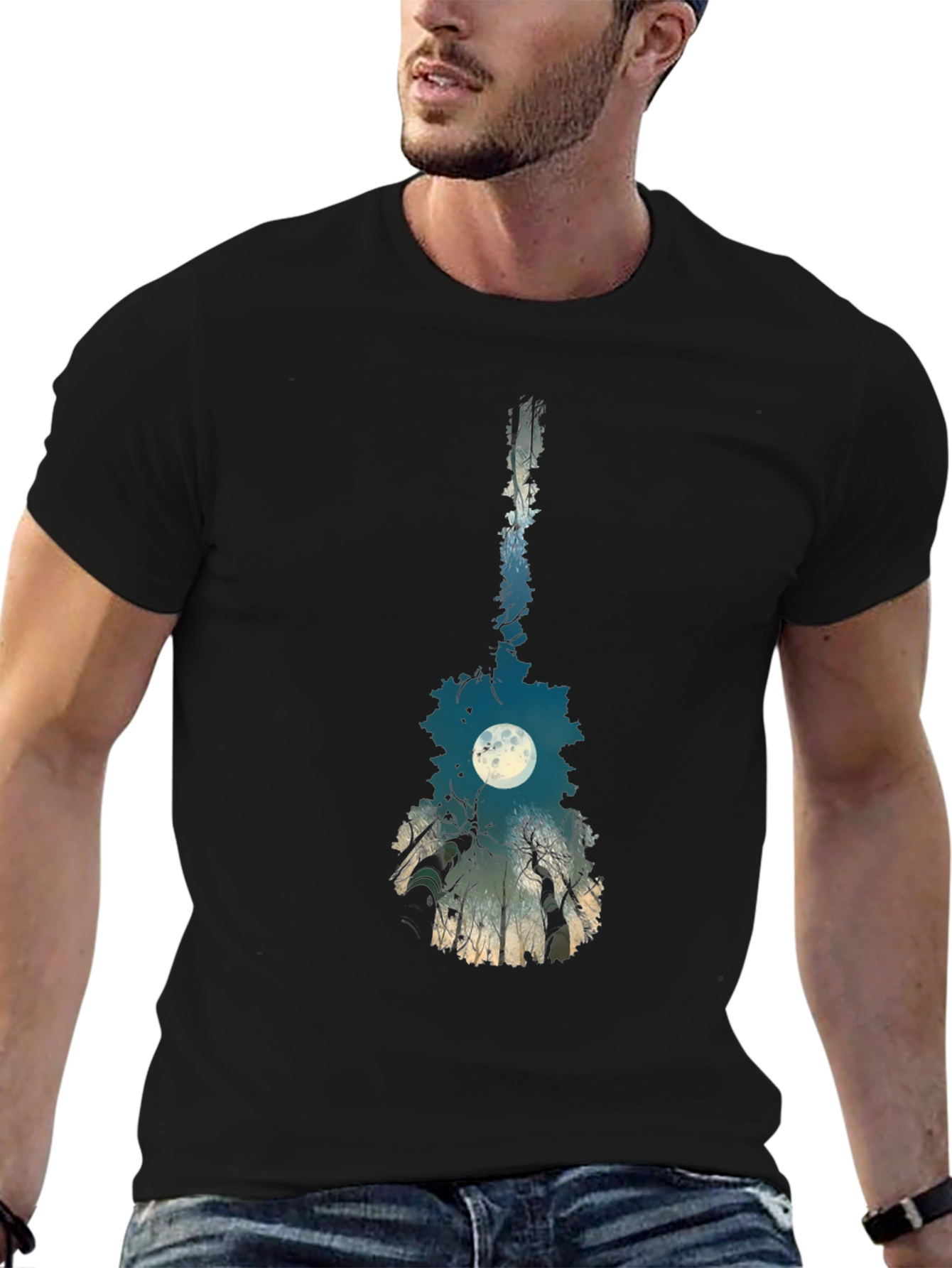 Black Guitar Moon T-Shirt - Unique Nature Design view 6