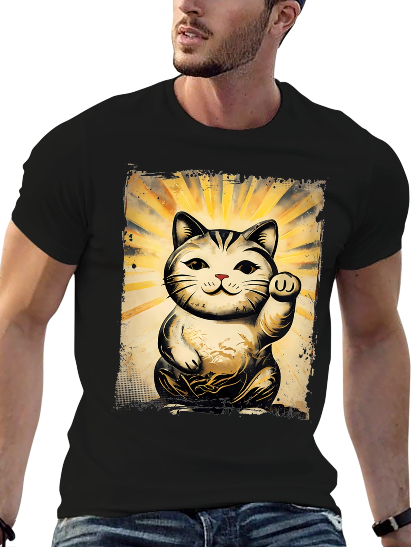 Black Lucky Cat Graphic T-Shirt - Unisex Soft Cotton Tee view 6