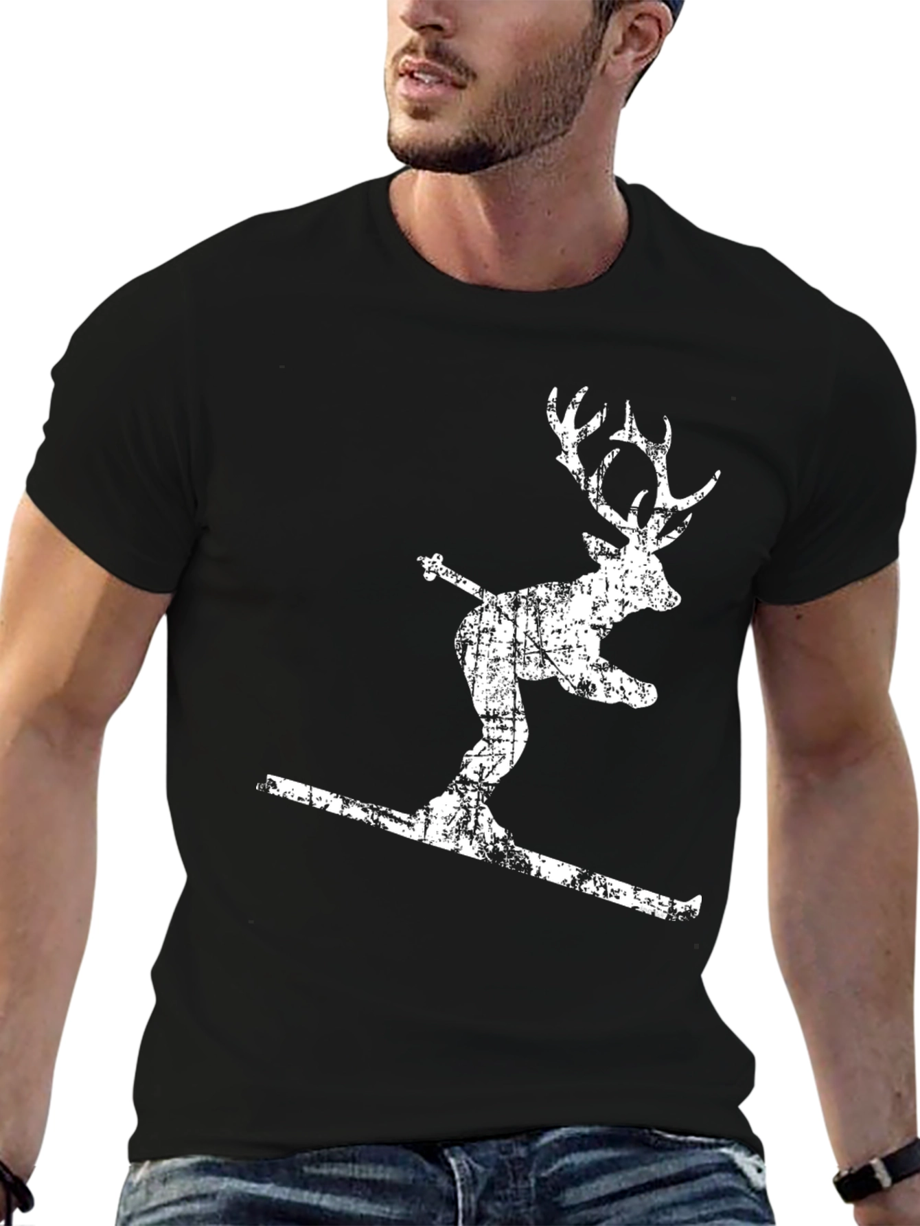 Black Skiing Deer Graphic T-Shirt - Men's Black Tee view 6