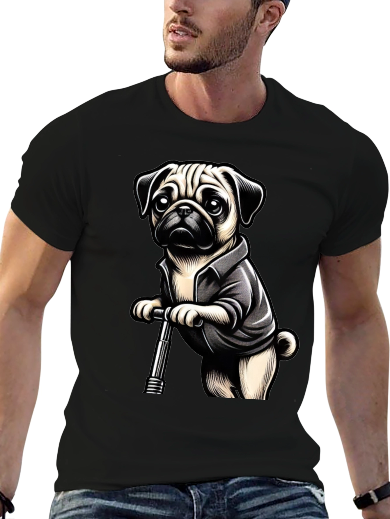 Black Pug on Scooter Graphic Tee - Black Cotton Blend view 6