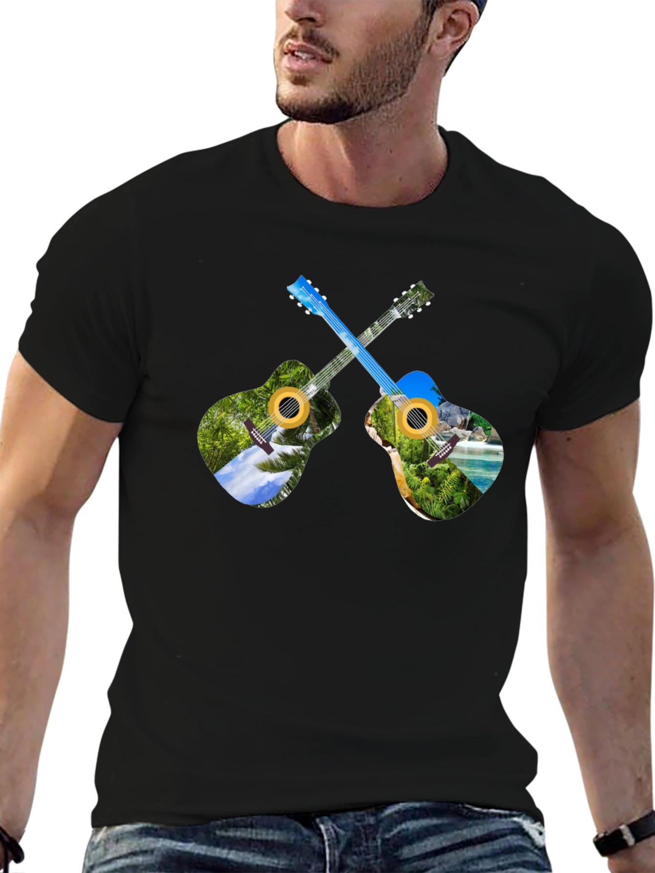 Black Tropical Guitar T-Shirt - Island Vibes view 6