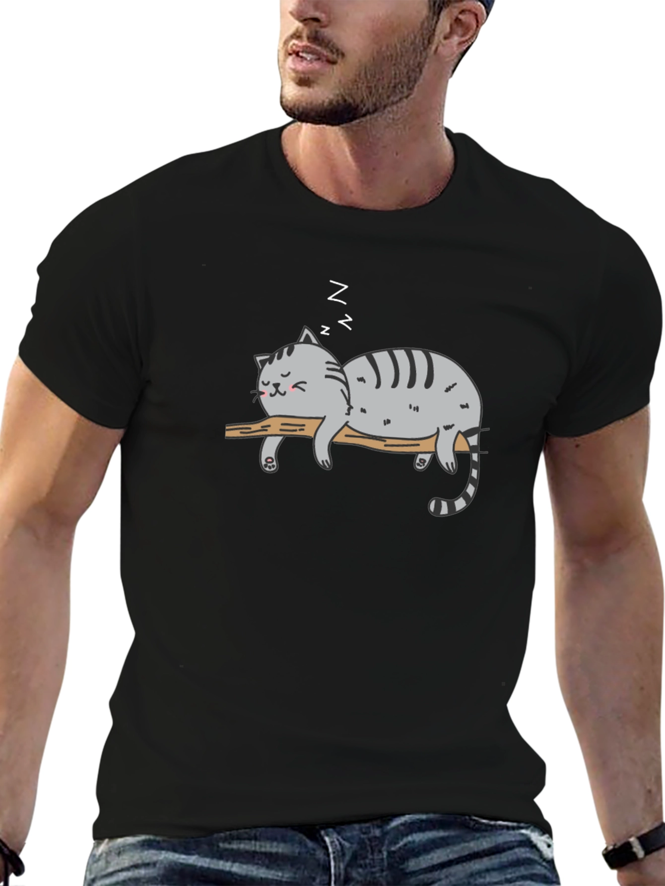 Black Lazy Cat Nap T-Shirt - Relaxed Graphic Tee view 6