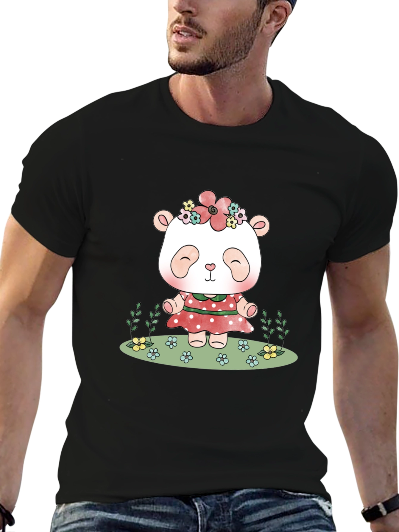 Black Cute Panda Bear Graphic Tee - Black Casual T-Shirt view 6