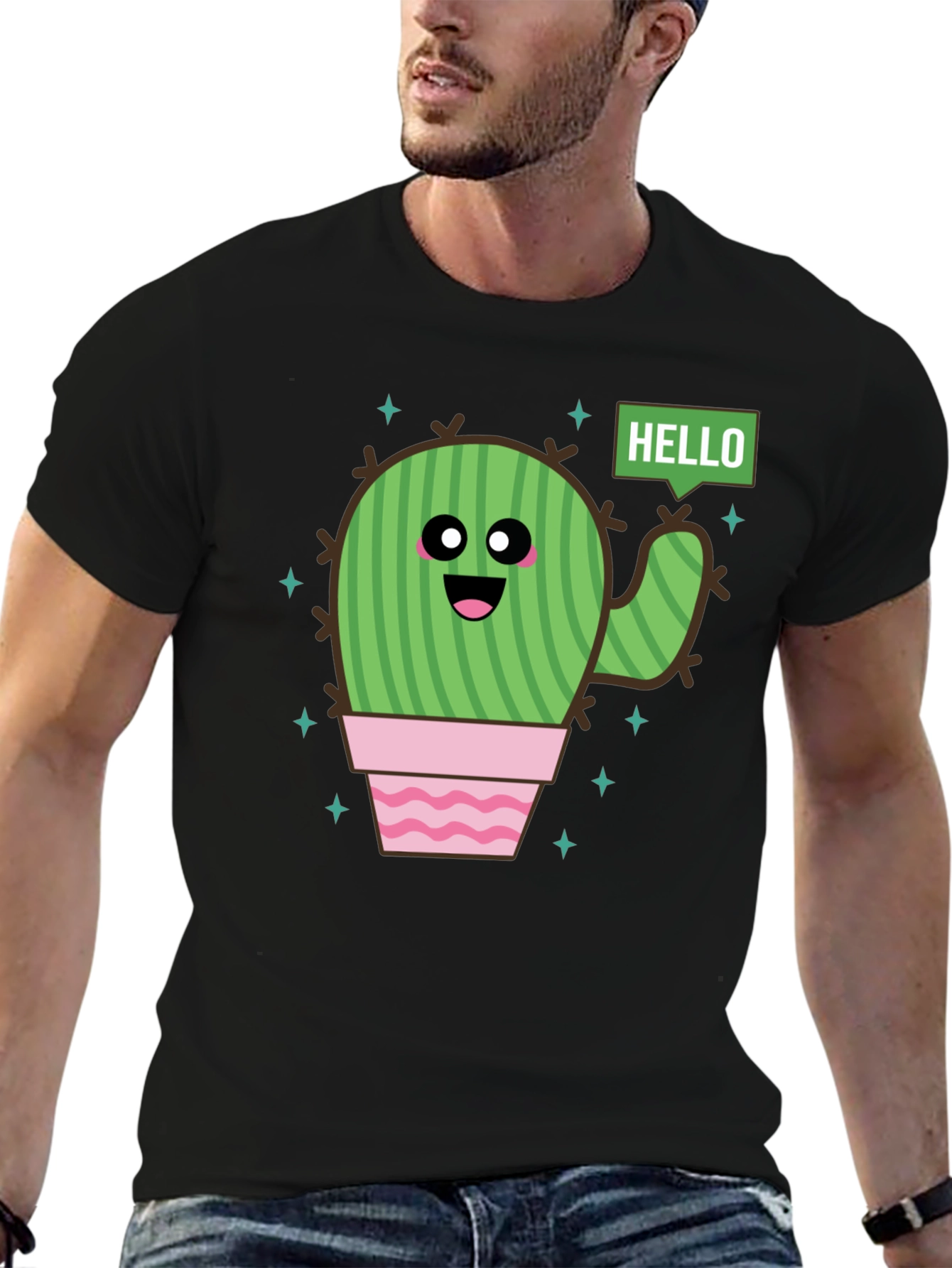 Black Cute Cartoon Cactus Graphic Tee - Black Cotton T-Shirt view 6