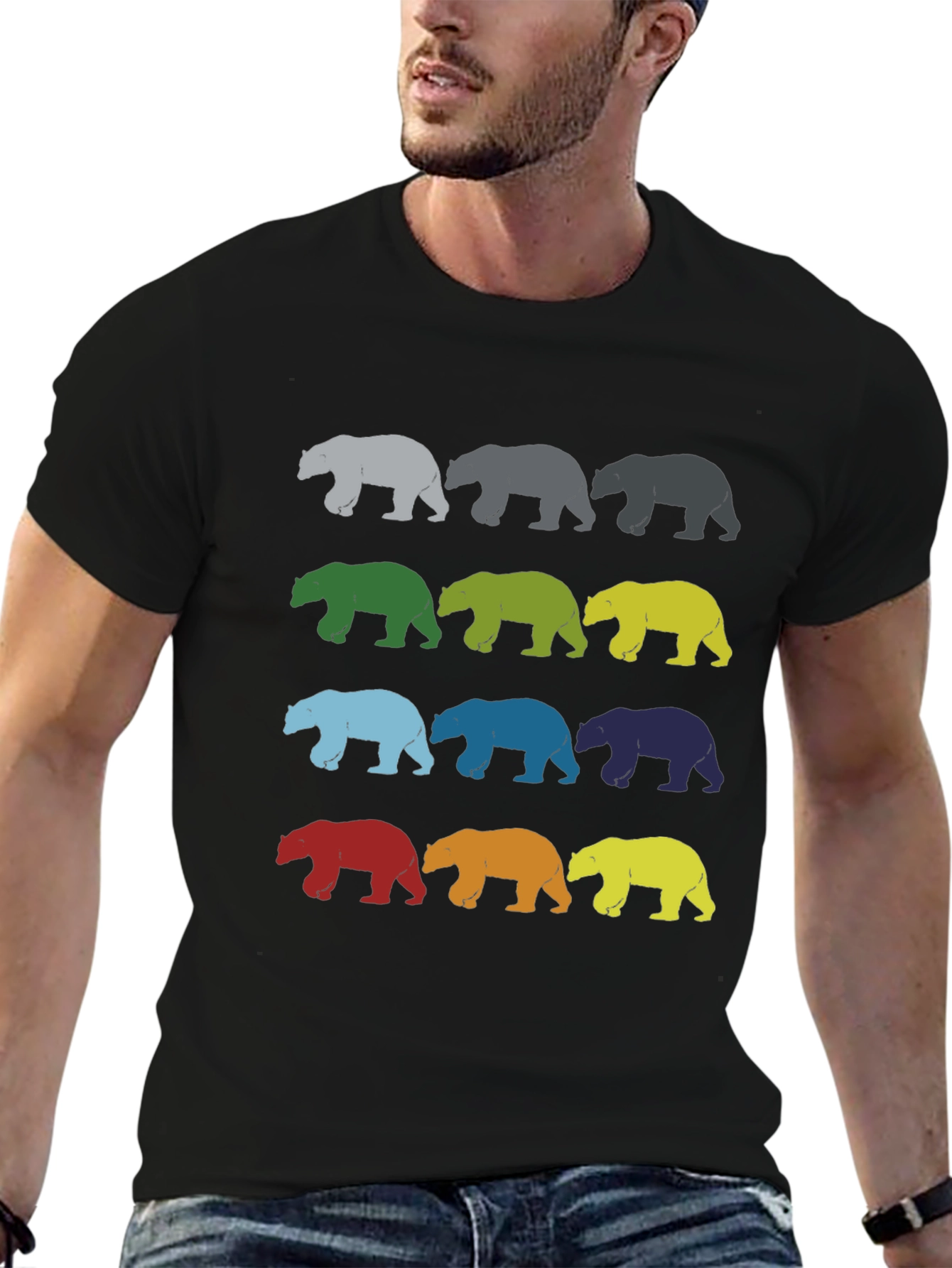 Black Colorful Bear Graphic T-Shirt - Novelty Design view 6