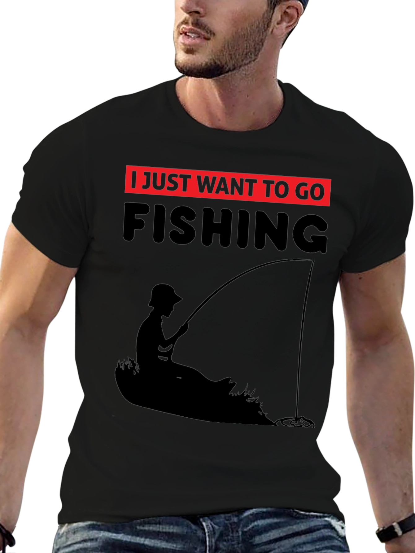 Black Fishing T-Shirt - I Just Want to Go Fishing - Black Tee view 6