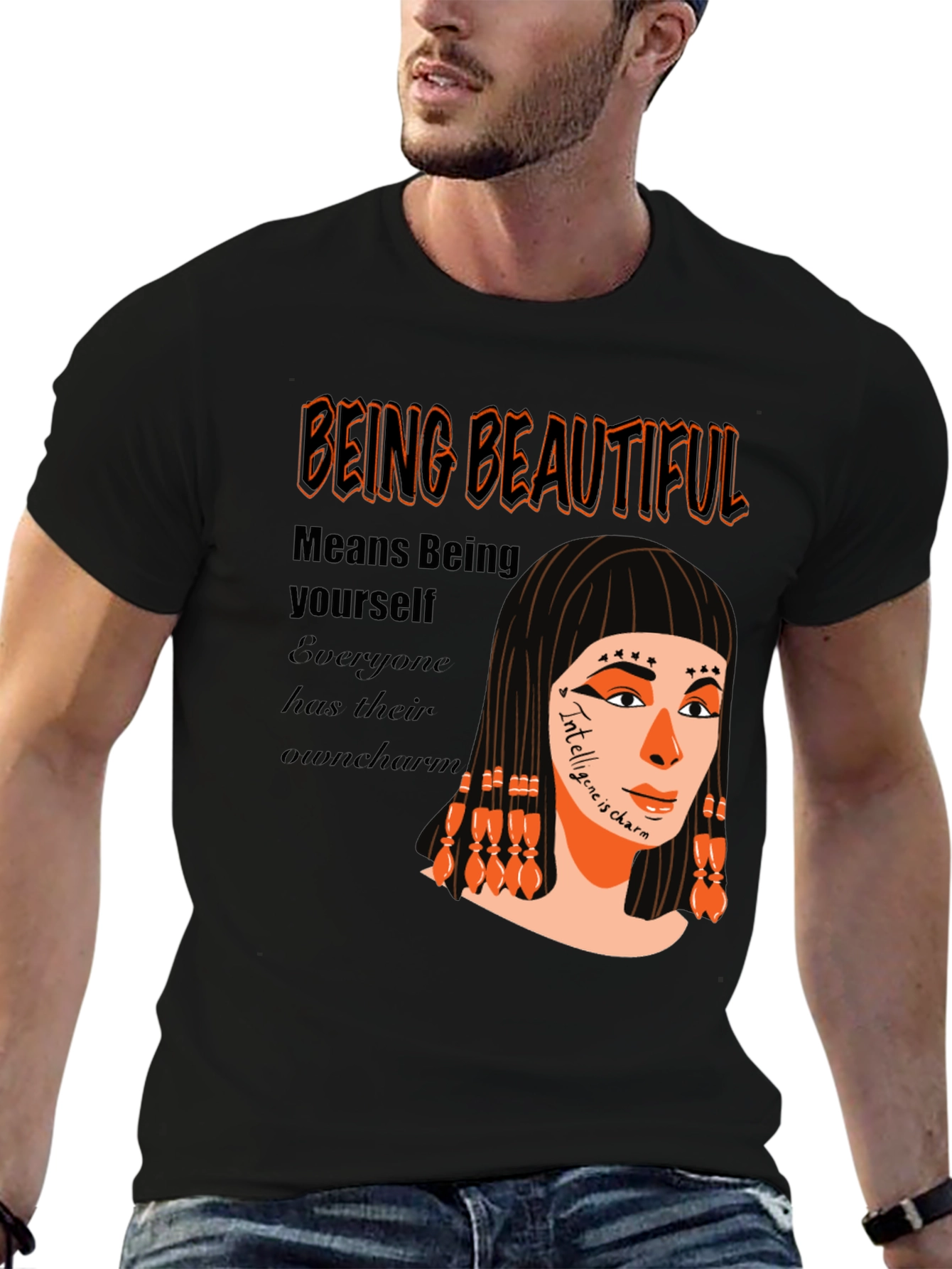 Black Unique Graphic T-Shirt - "Being Beautiful" Design view 6