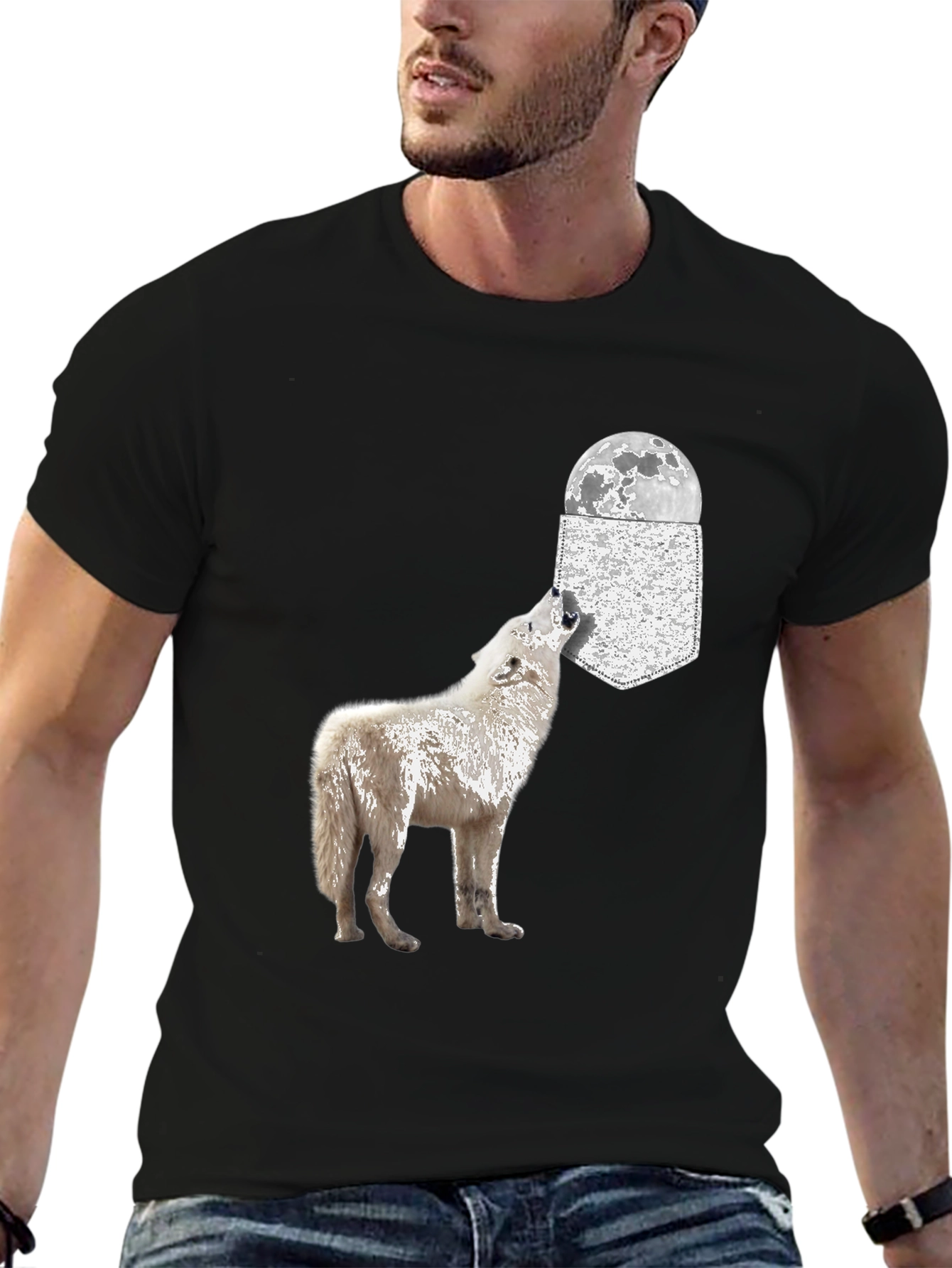 Black Wolf Howling at Moon Pocket T-Shirt view 6
