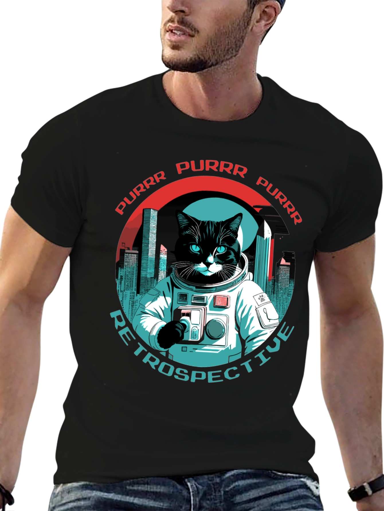 Black Cat Astronaut T-Shirt - Purrr Retrospective Tee view 6