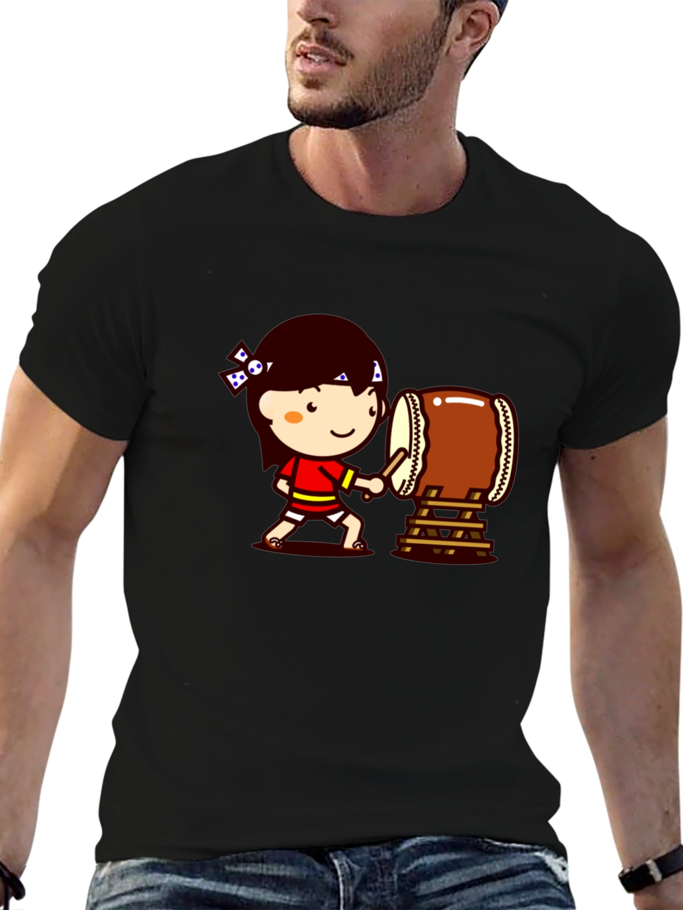 Black Cartoon Drummer Black T-Shirt view 6