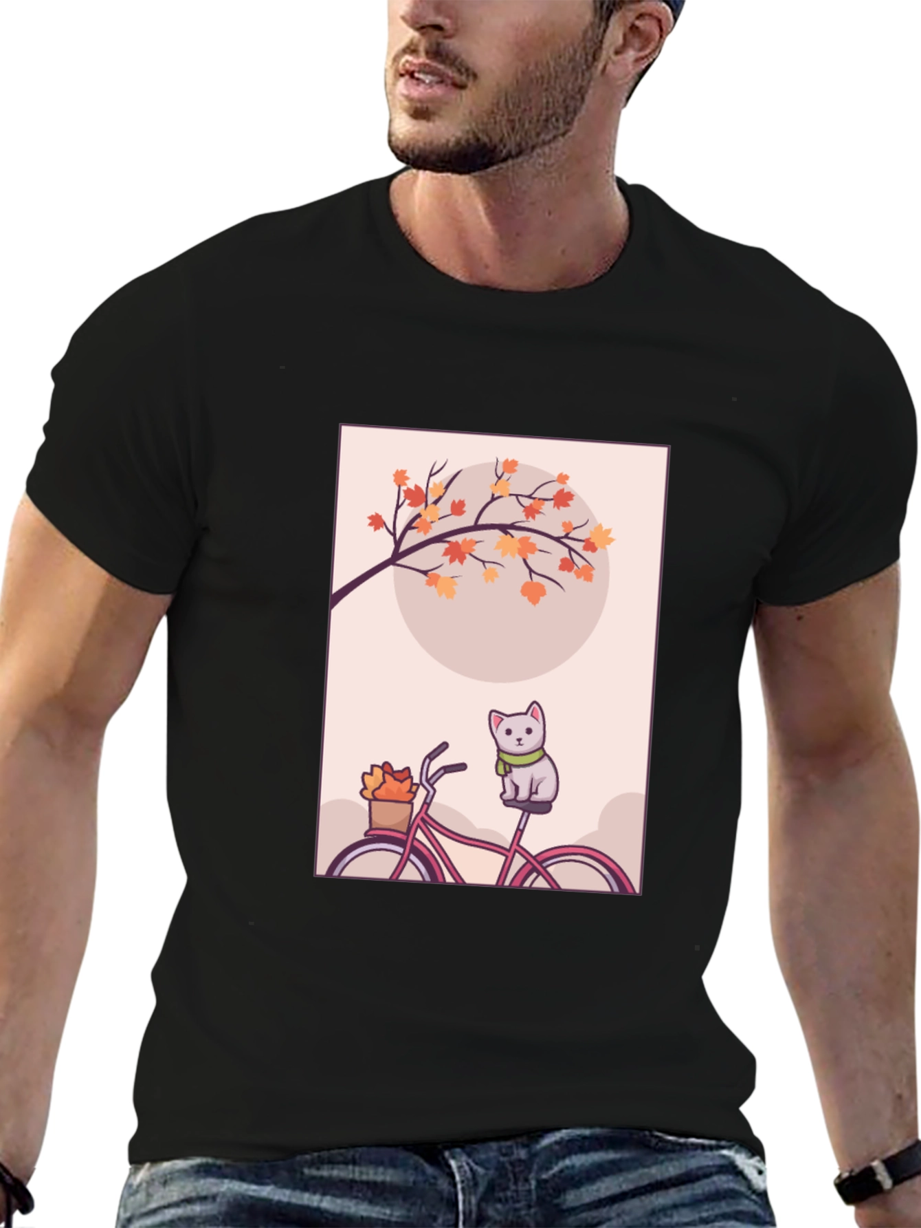 Black Cute Cat on Bike T-Shirt - Autumn Vibes view 6