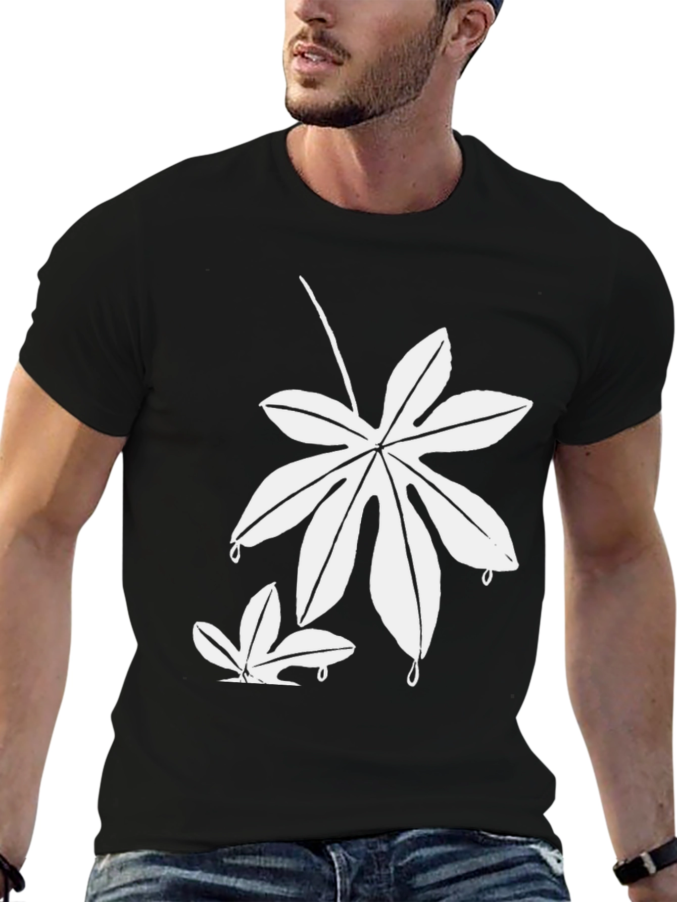 Unique White Leaf Design Black T-Shirt - 6