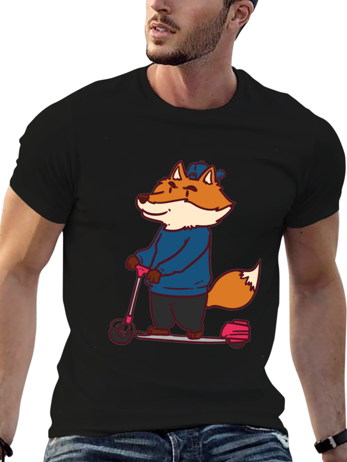 Black Fox on Scooter Graphic Tee - Unisex Black T-Shirt view 6