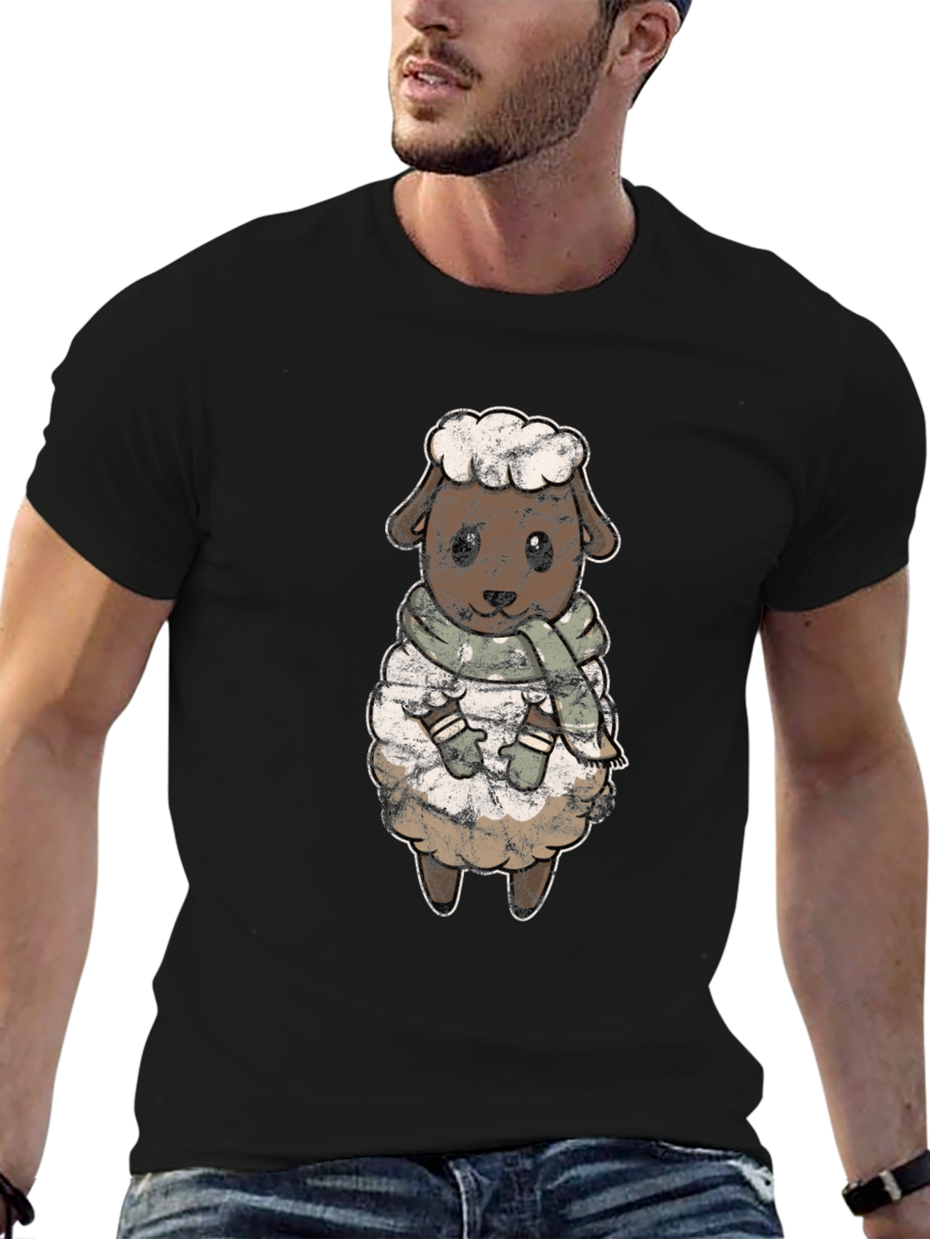 Black Cute Sheep Scarf T-Shirt view 6