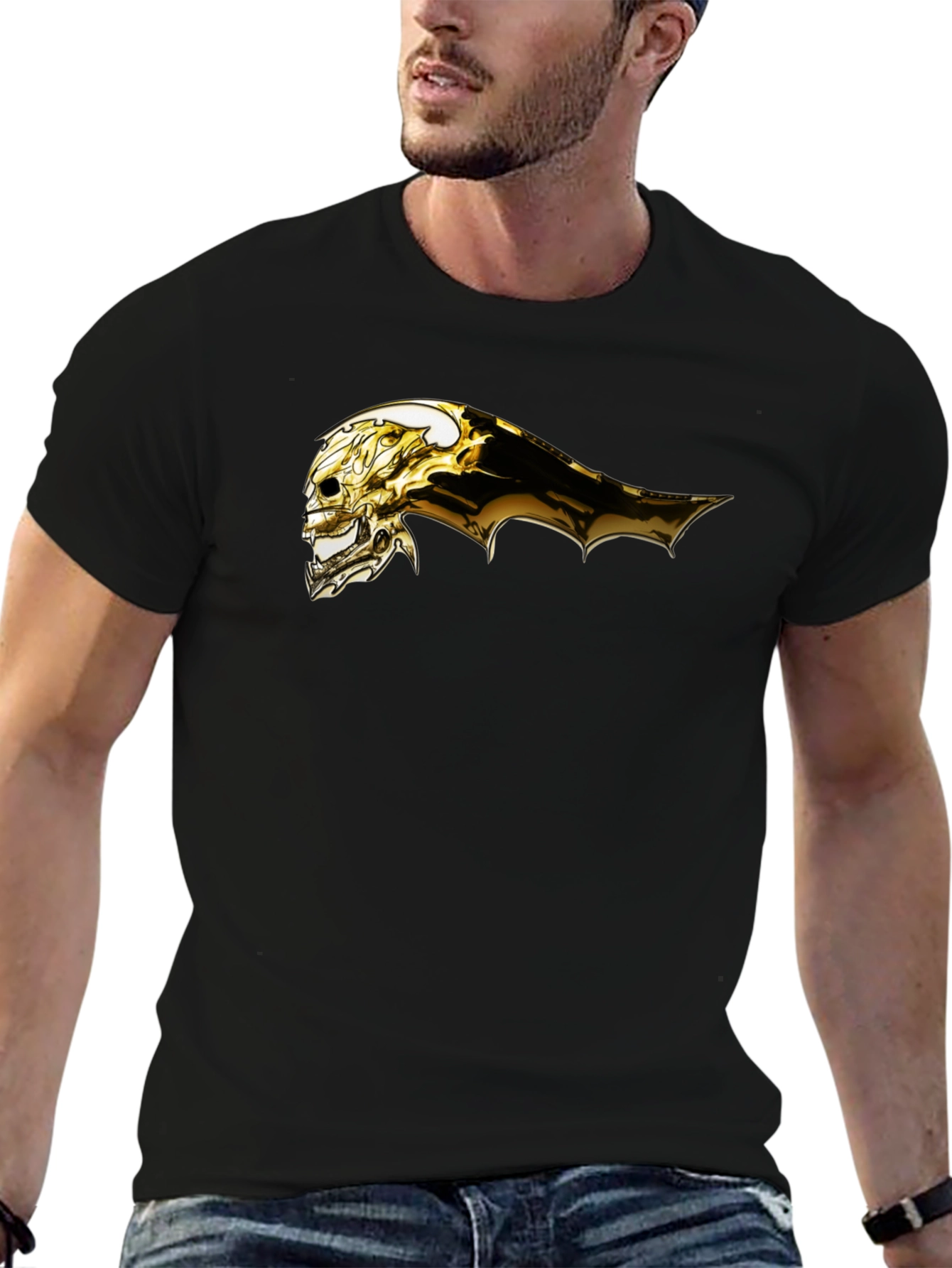 Black Golden Skull Graphic Black T-Shirt view 6