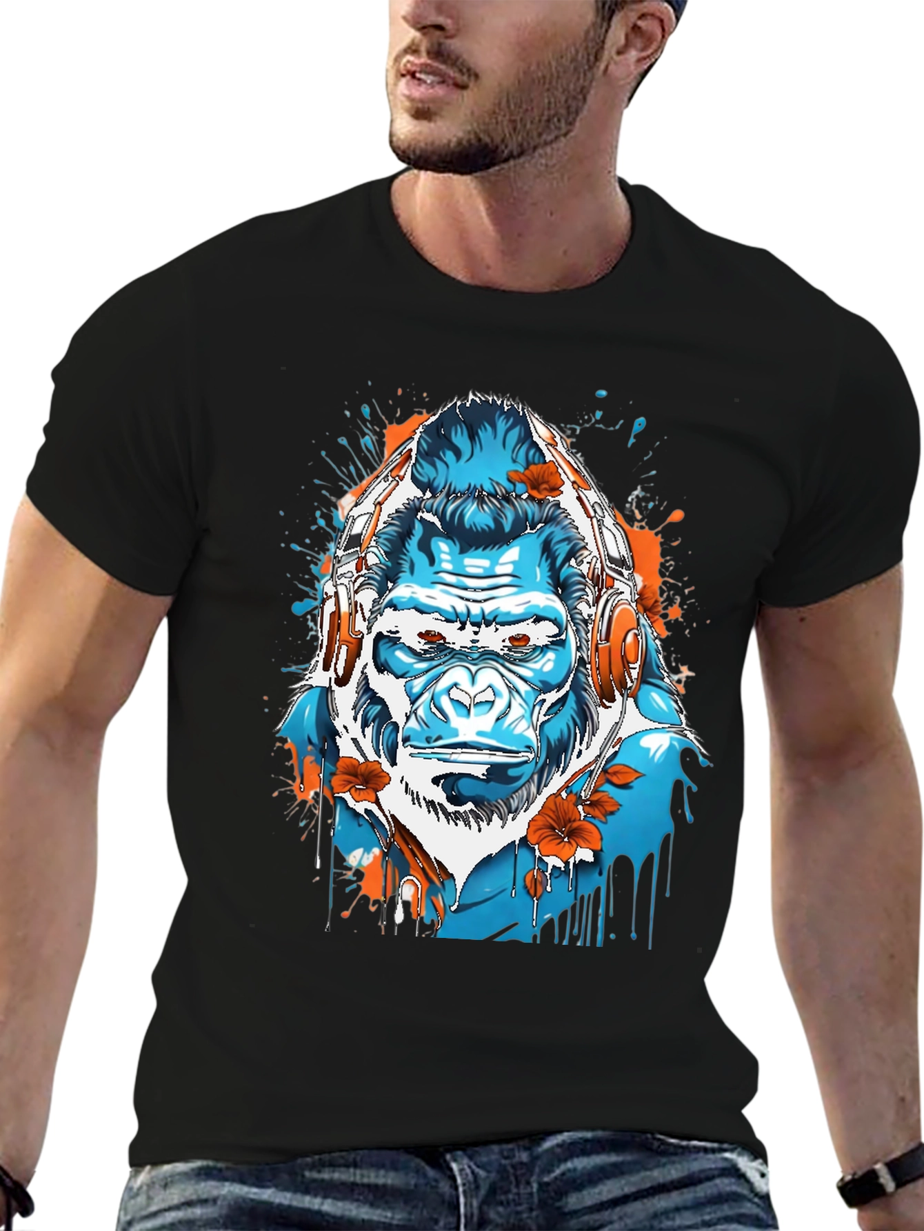 Black Cool Gorilla with Headphones Graphic Tee view 6