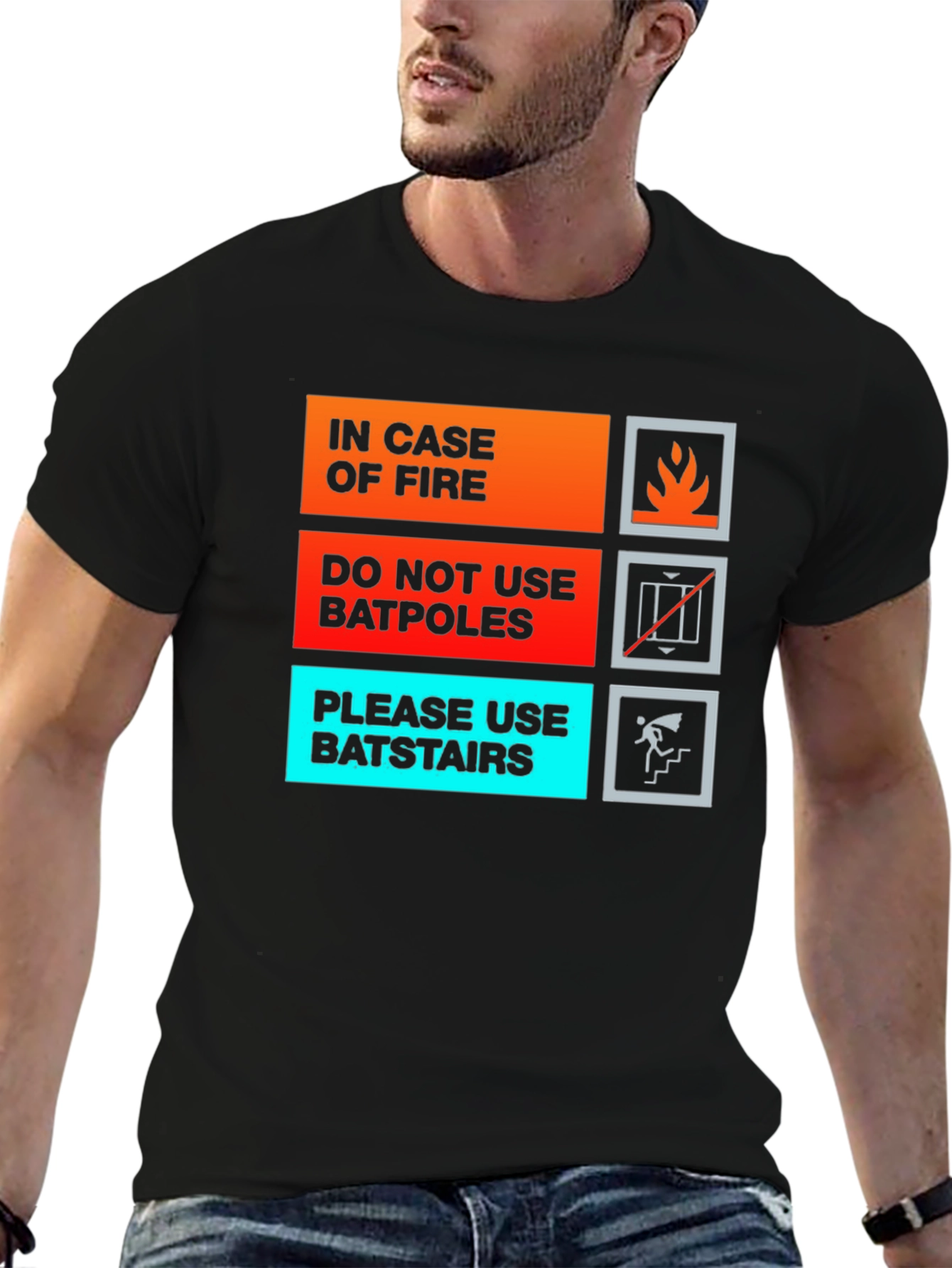 Black Humorous In Case of Fire T-Shirt - Batpole/Batstair Design view 6