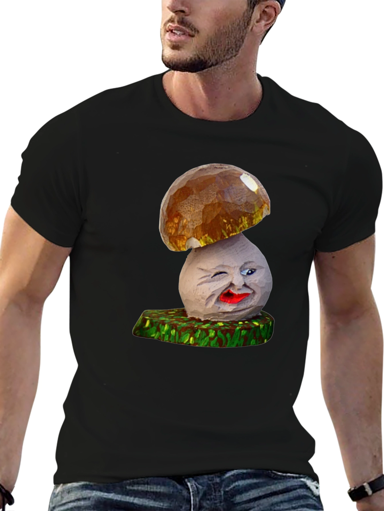 Black Funny Mushroom Character Graphic T-Shirt view 6