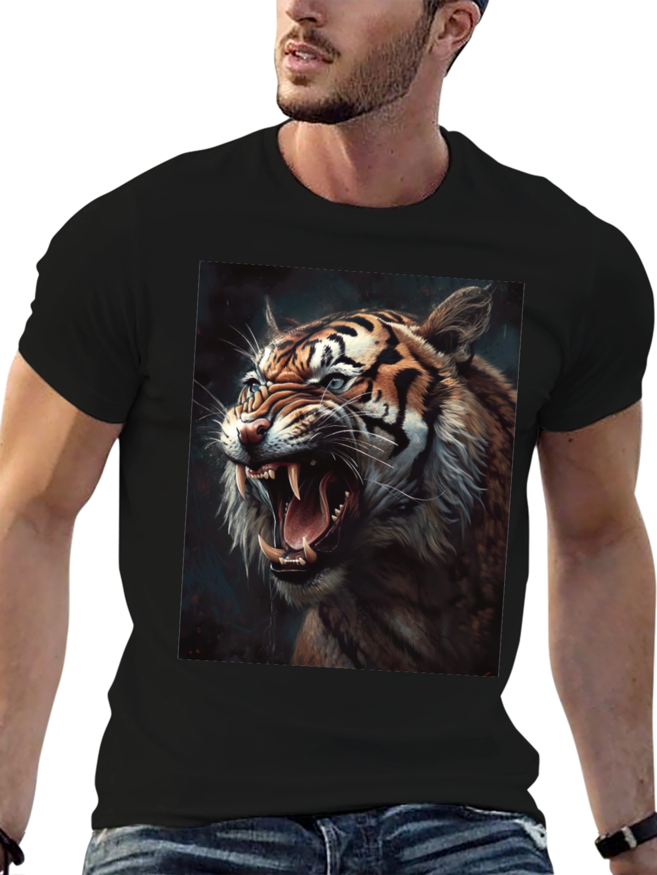 Black Tiger Graphic Print Crew Neck T-Shirt view 6