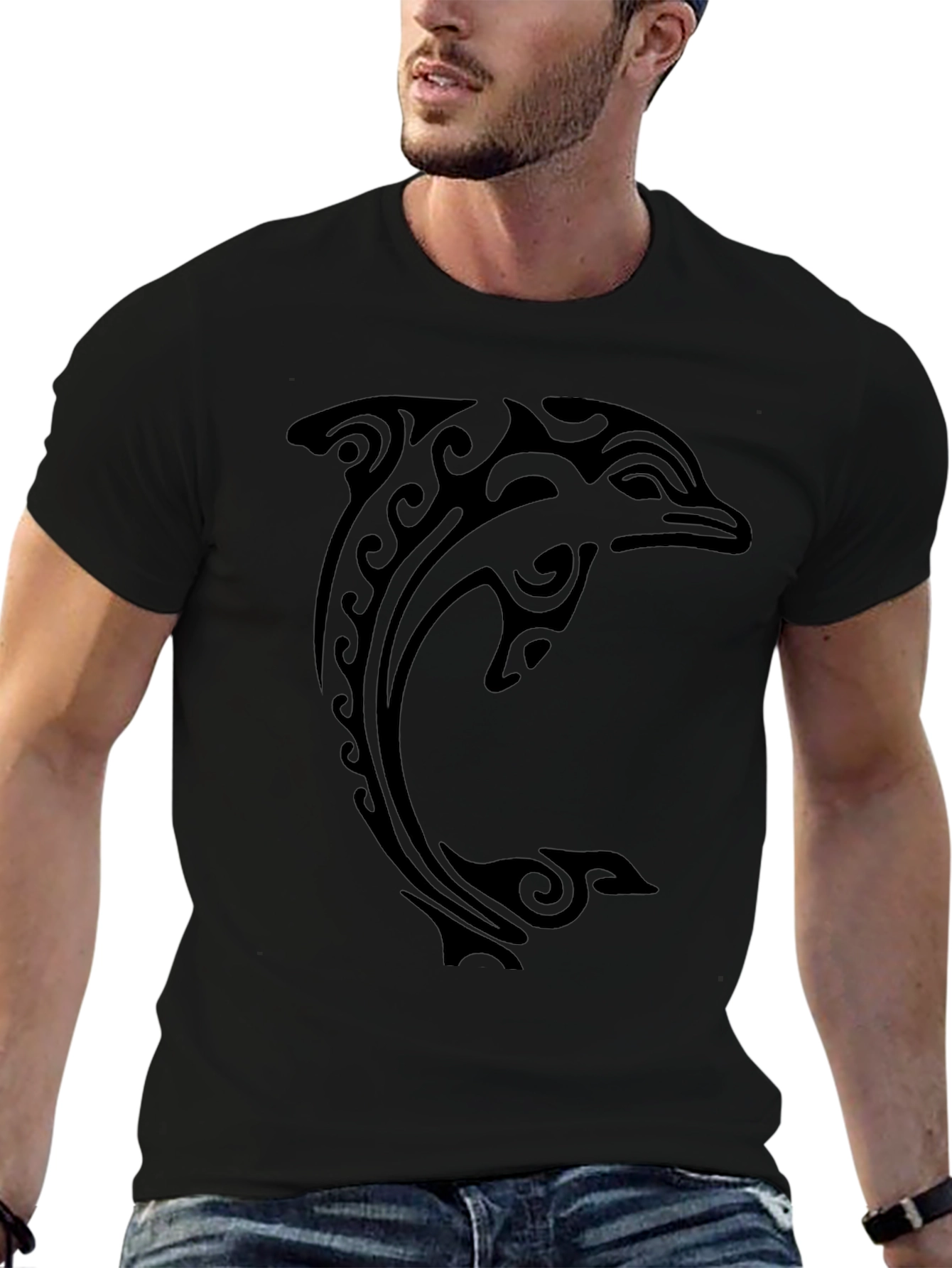 Black Tribal Dolphin Graphic Tee - Black Cotton T-Shirt view 6