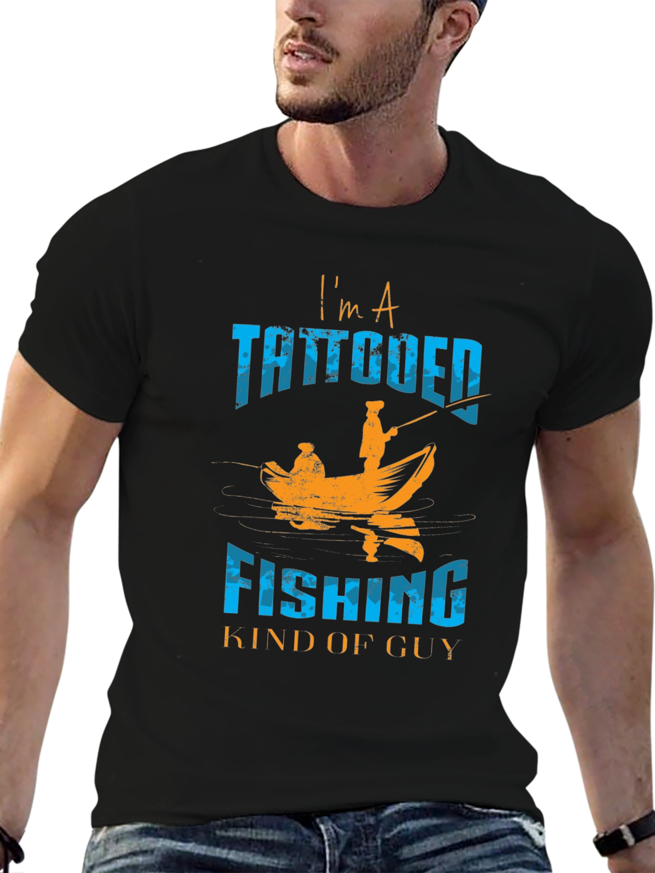 Black Tattooed Fishing Guy Graphic Tee - Black Cotton Blend view 6