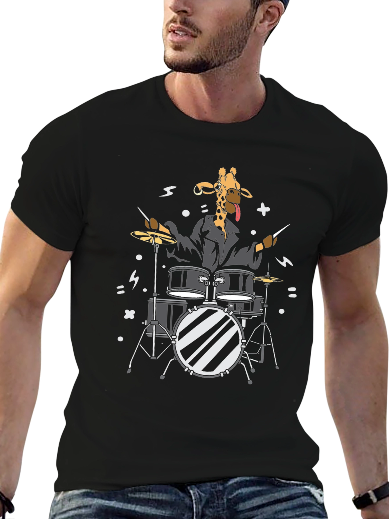 Black Giraffe Drummer Graphic T-Shirt - Black Cotton Tee view 6