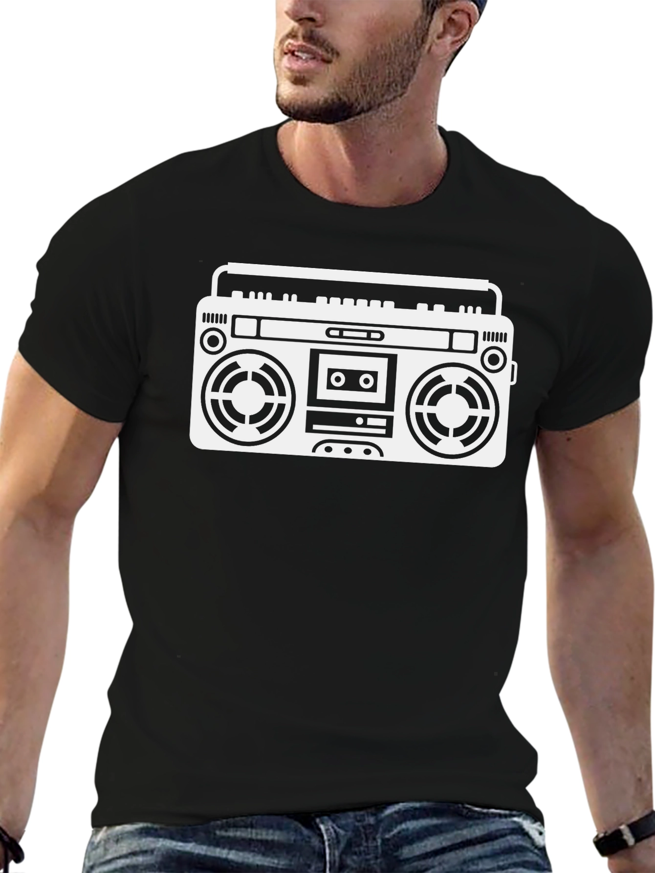 Black Retro Boombox Graphic Tee - Black Cotton T-Shirt view 6