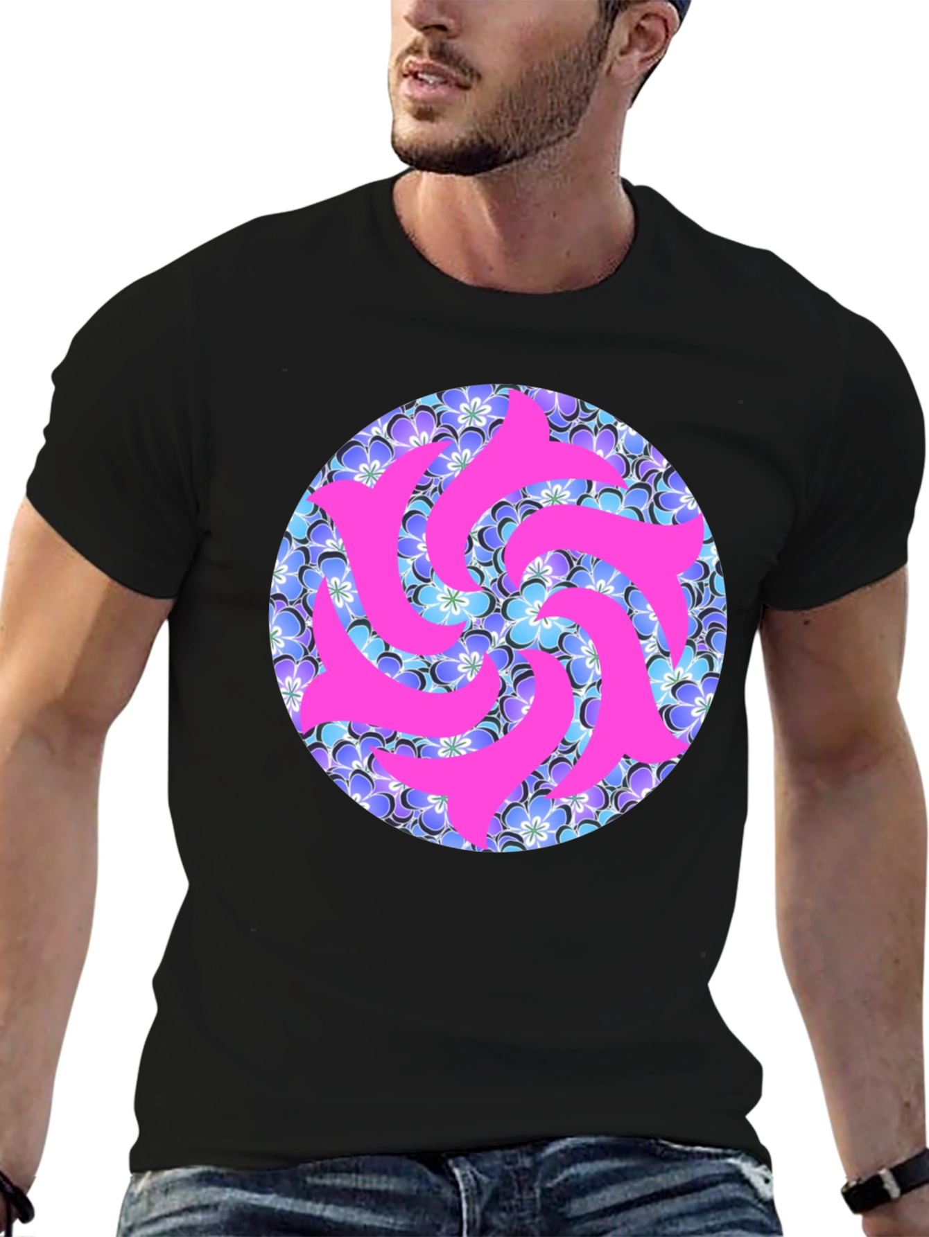 Black Vibrant Floral & Abstract Pink Swirl T-Shirt view 6
