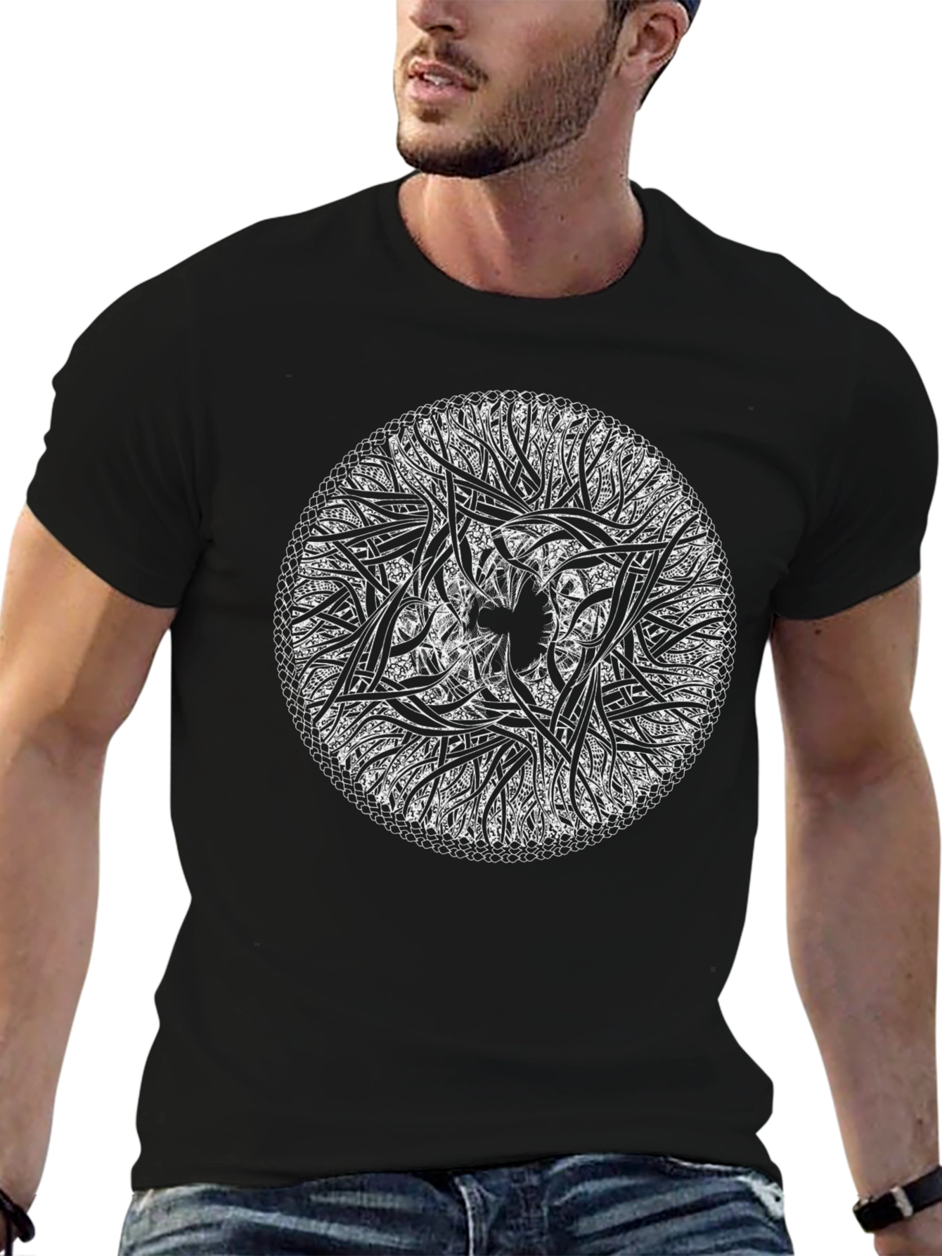 Black Abstract Circular Design Black T-Shirt view 6