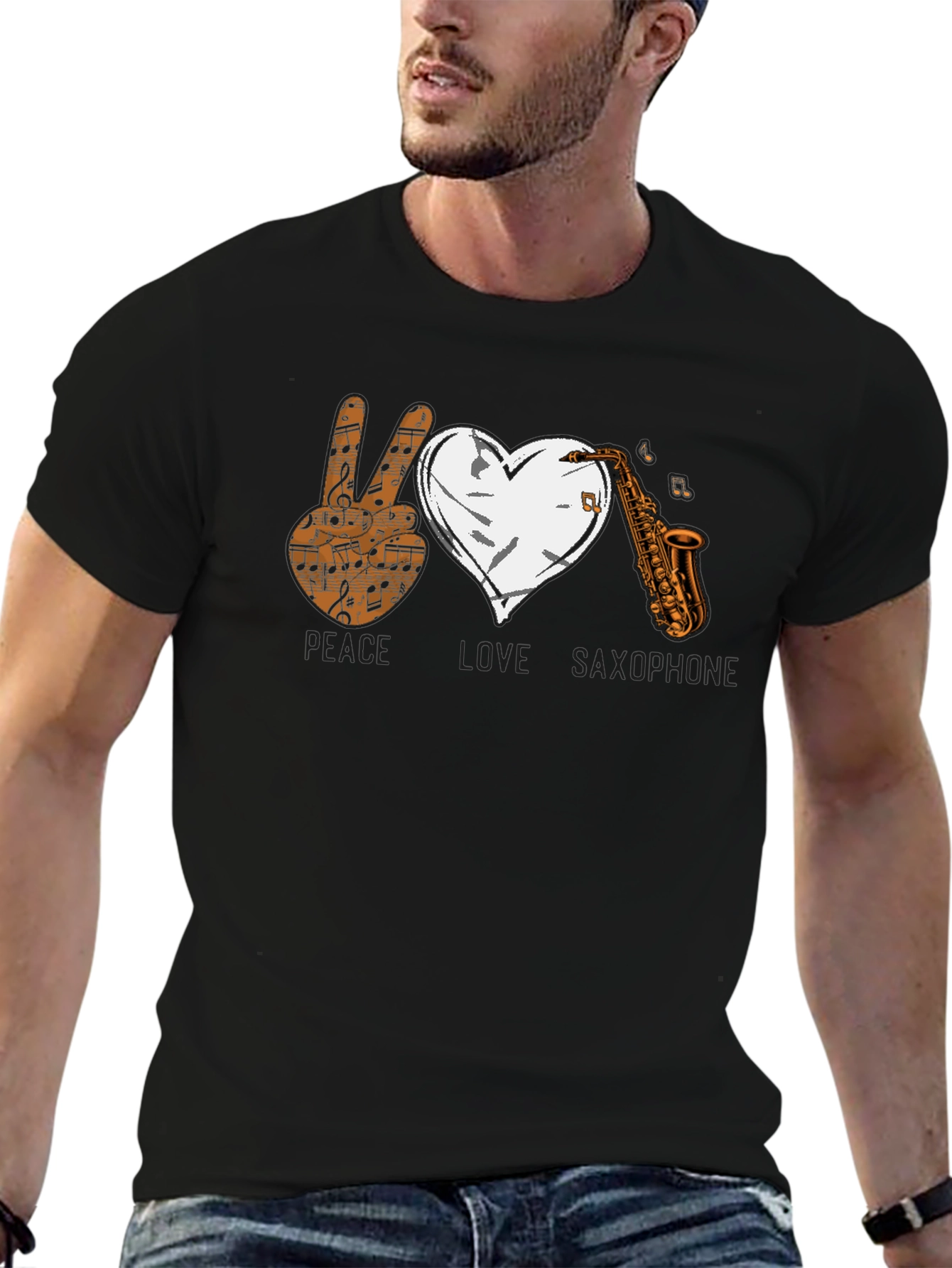 Black Peace Love Saxophone Graphic T-Shirt view 6