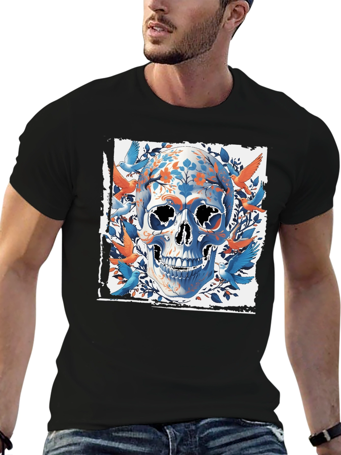 Black Floral Skull & Birds Graphic Tee - Unique Design view 6
