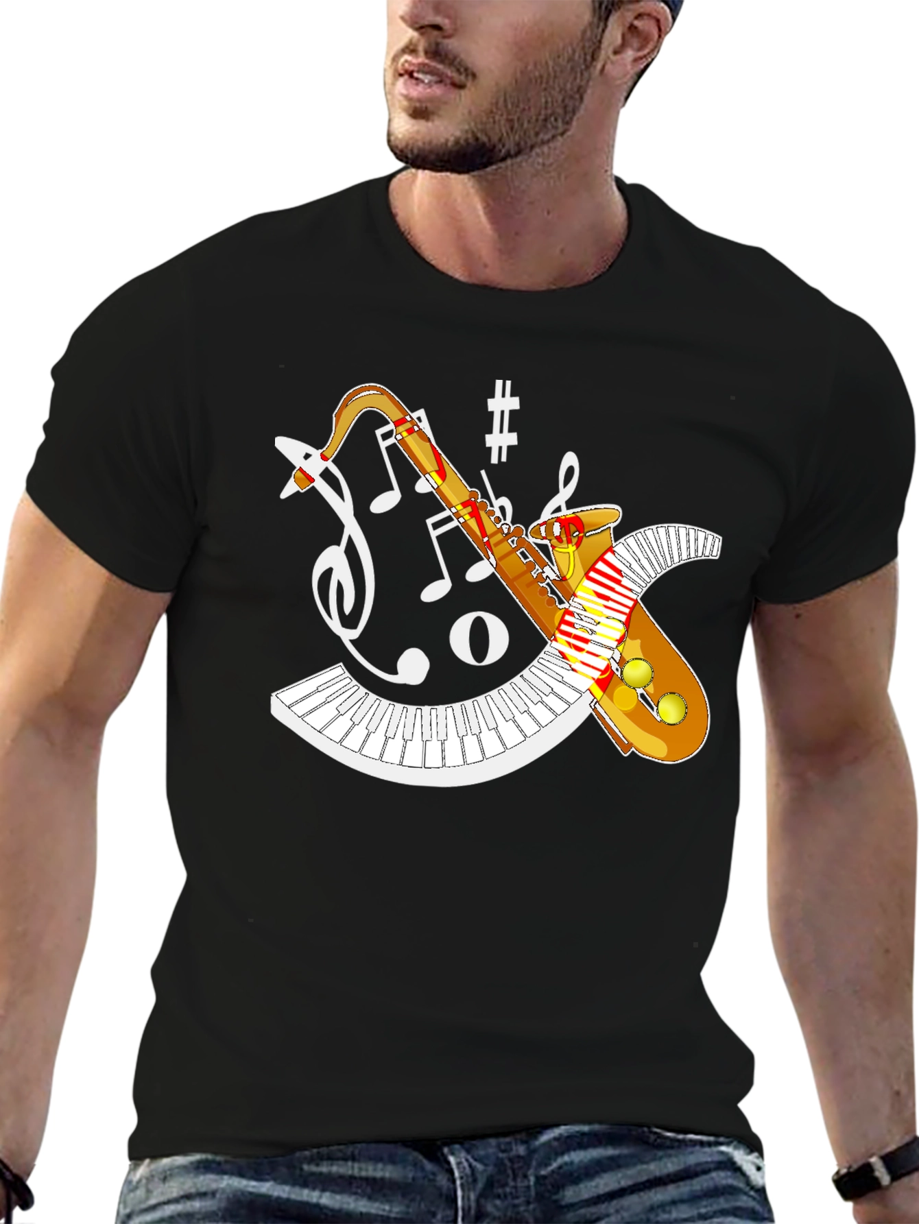 Black Saxophone Music Notes T-Shirt view 6