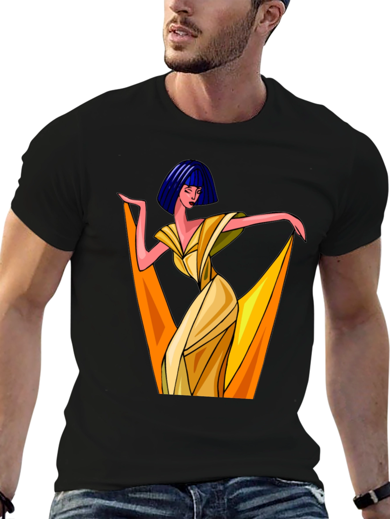 Black Art Deco Woman Graphic Tee - Stylish Black T-Shirt view 6