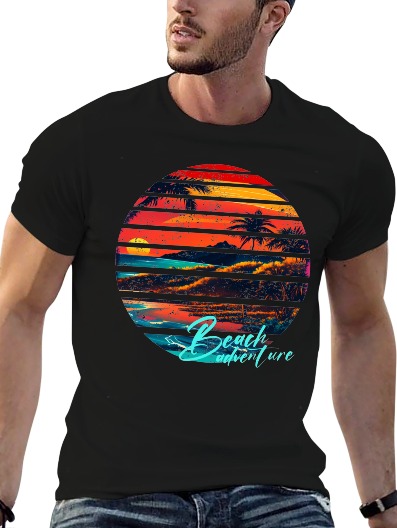 Black Retro Beach Adventure Graphic T-Shirt view 6