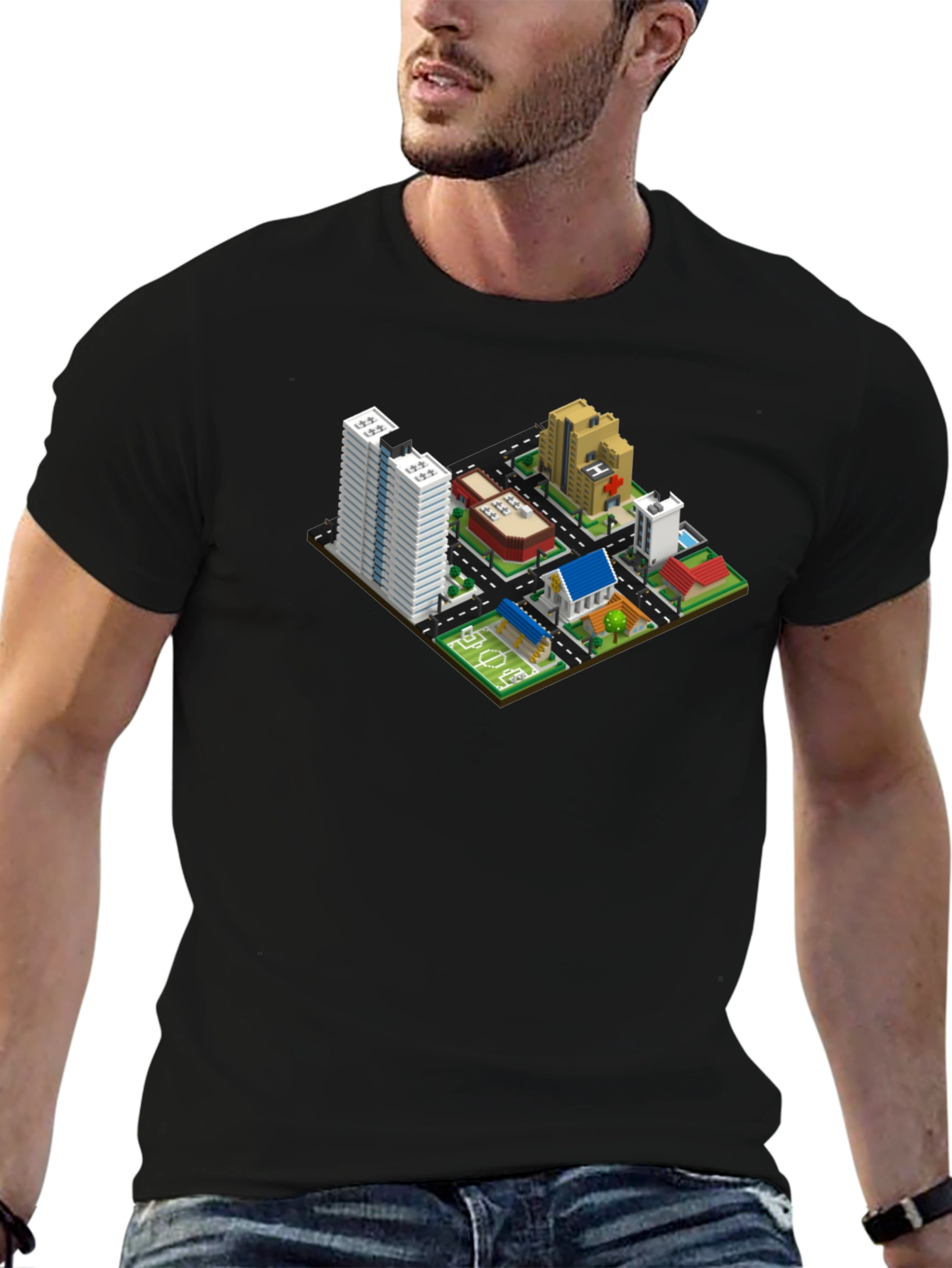 Black Isometric Cityscape Graphic Tee - Black Cotton T-Shirt view 6
