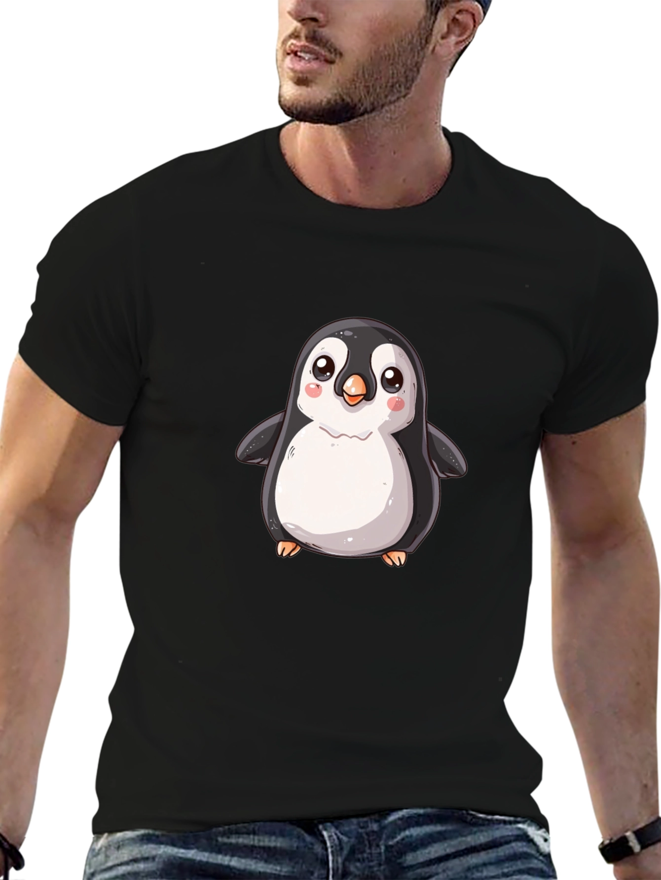 Black Cute Cartoon Penguin Black T-Shirt view 6