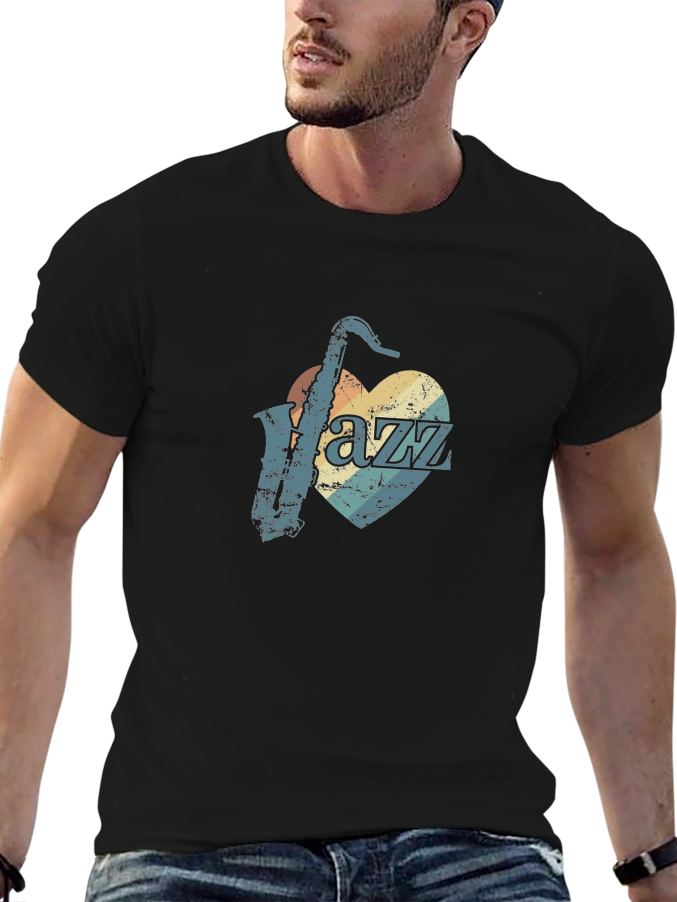 Black Vintage Jazz Saxophone Heart Graphic Tee - Black view 6