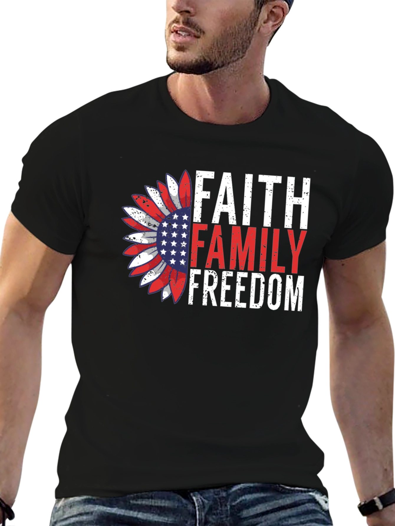Black Faith Family Freedom Graphic Tee - Patriotic Sunflower Design view 6